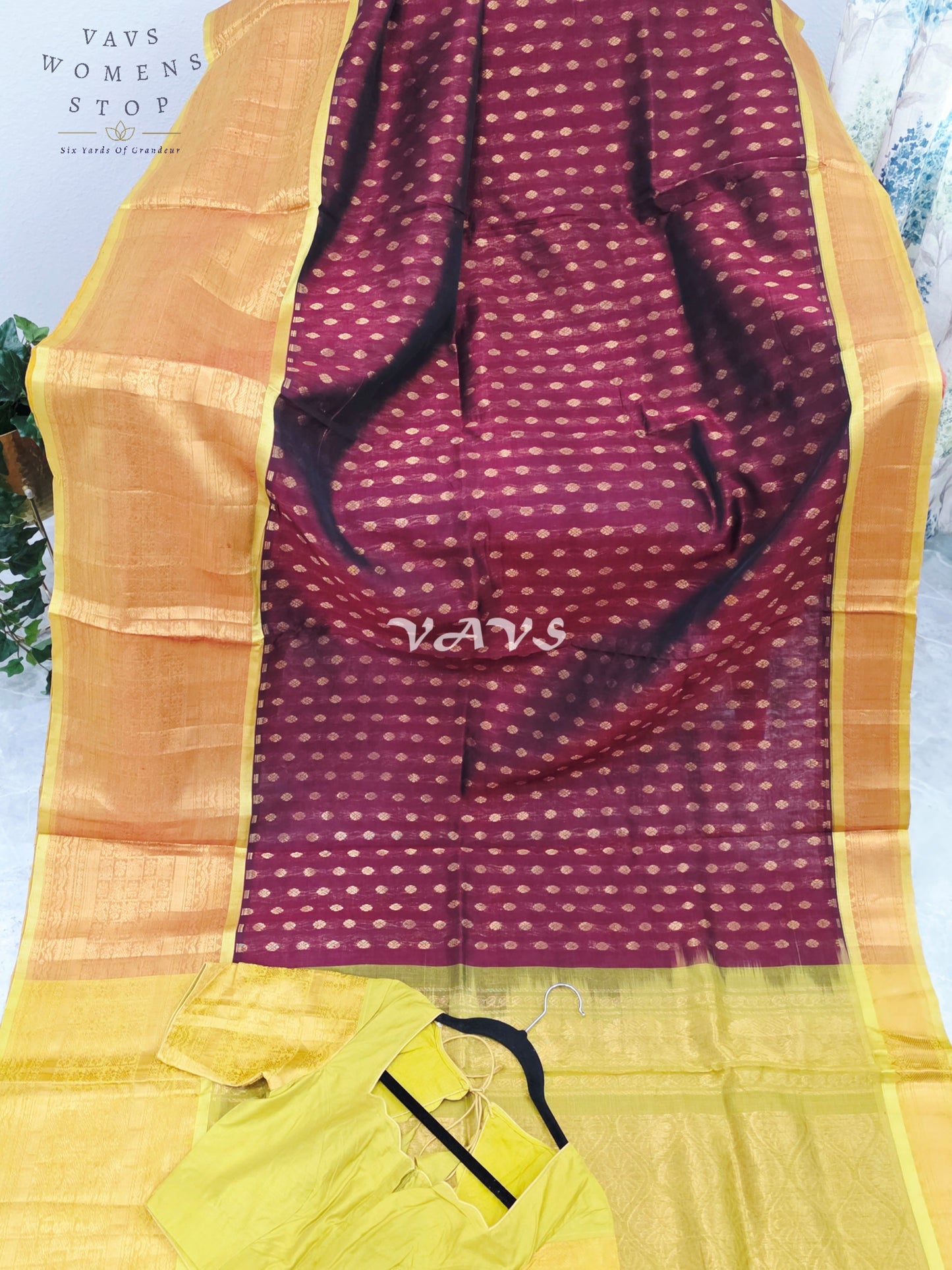 Royal Burgundy Wine & Antique Gold Mangalagiri Pattu Handloom Silk Cotton Saree with Stitched Blouse