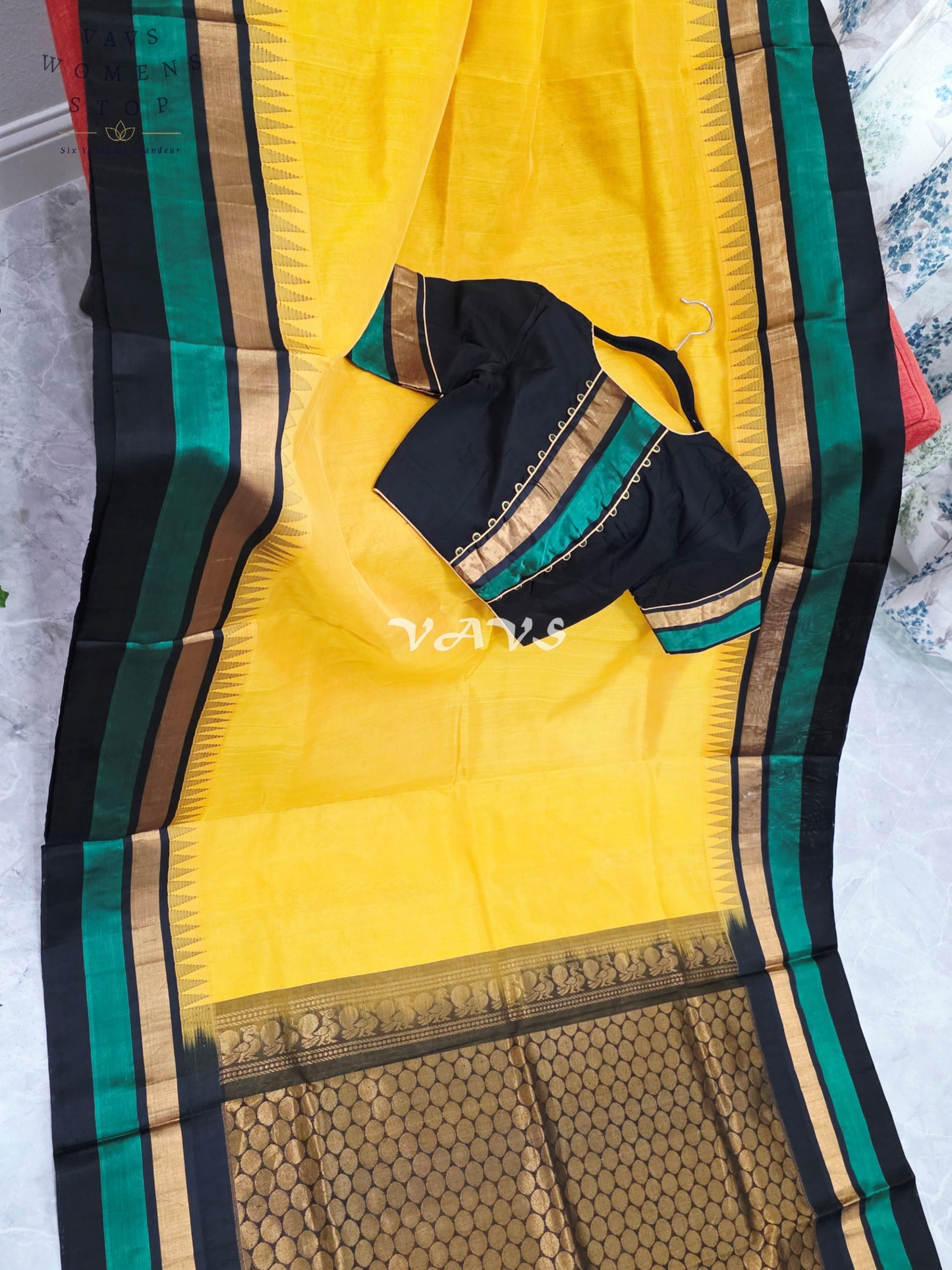 Royal Sunlit Marigold Yellow Pure Kuppadam Pattu Temple Border Silk Cotton Saree with Emerald Green & Black Border Stitched Blouse