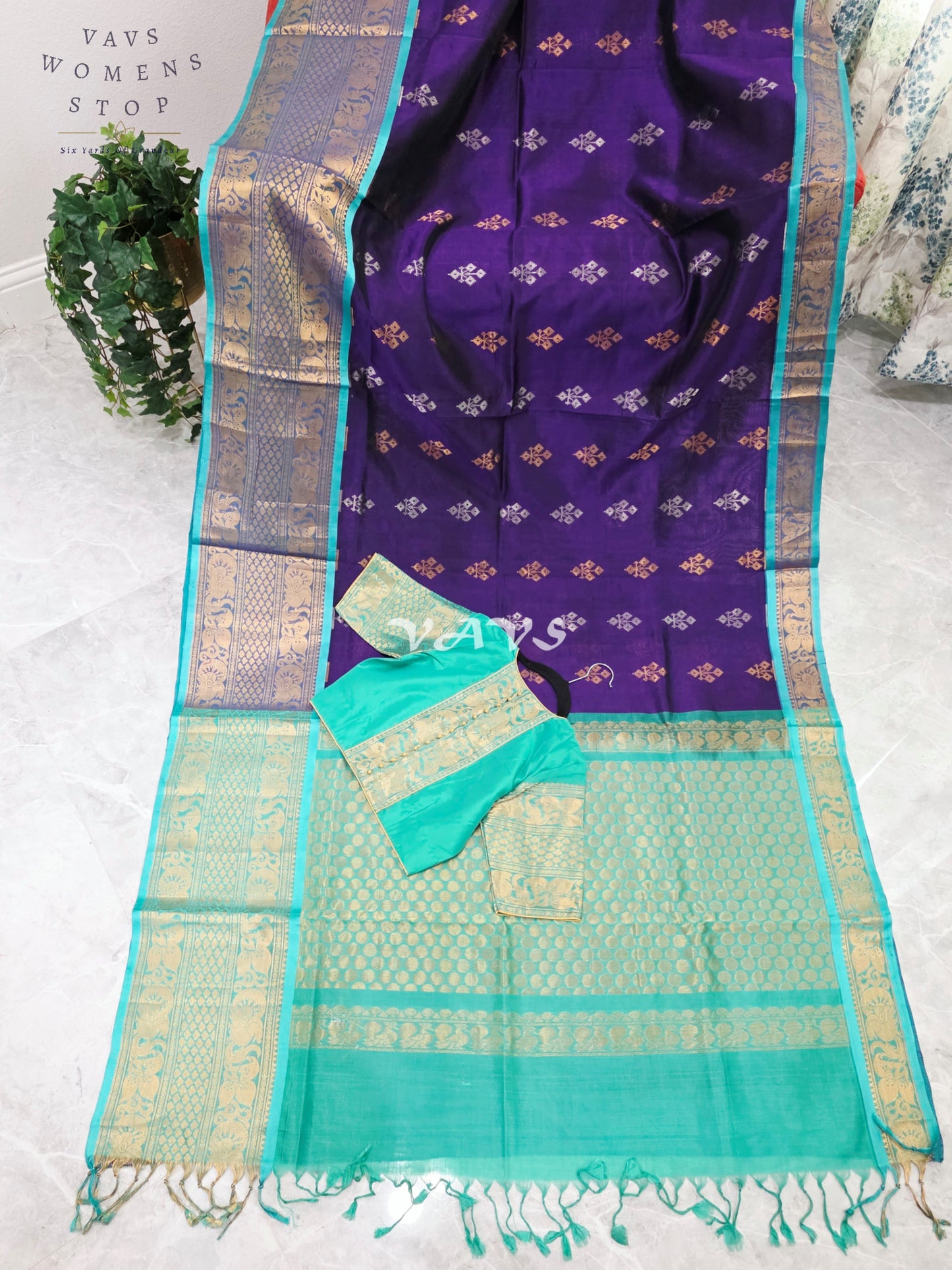 Royal Imperial Purple & Aqua Turquoise Mangalagiri Pattu Handloom Silk Cotton Saree with Antique Gold Zari Border & Stitched Blouse