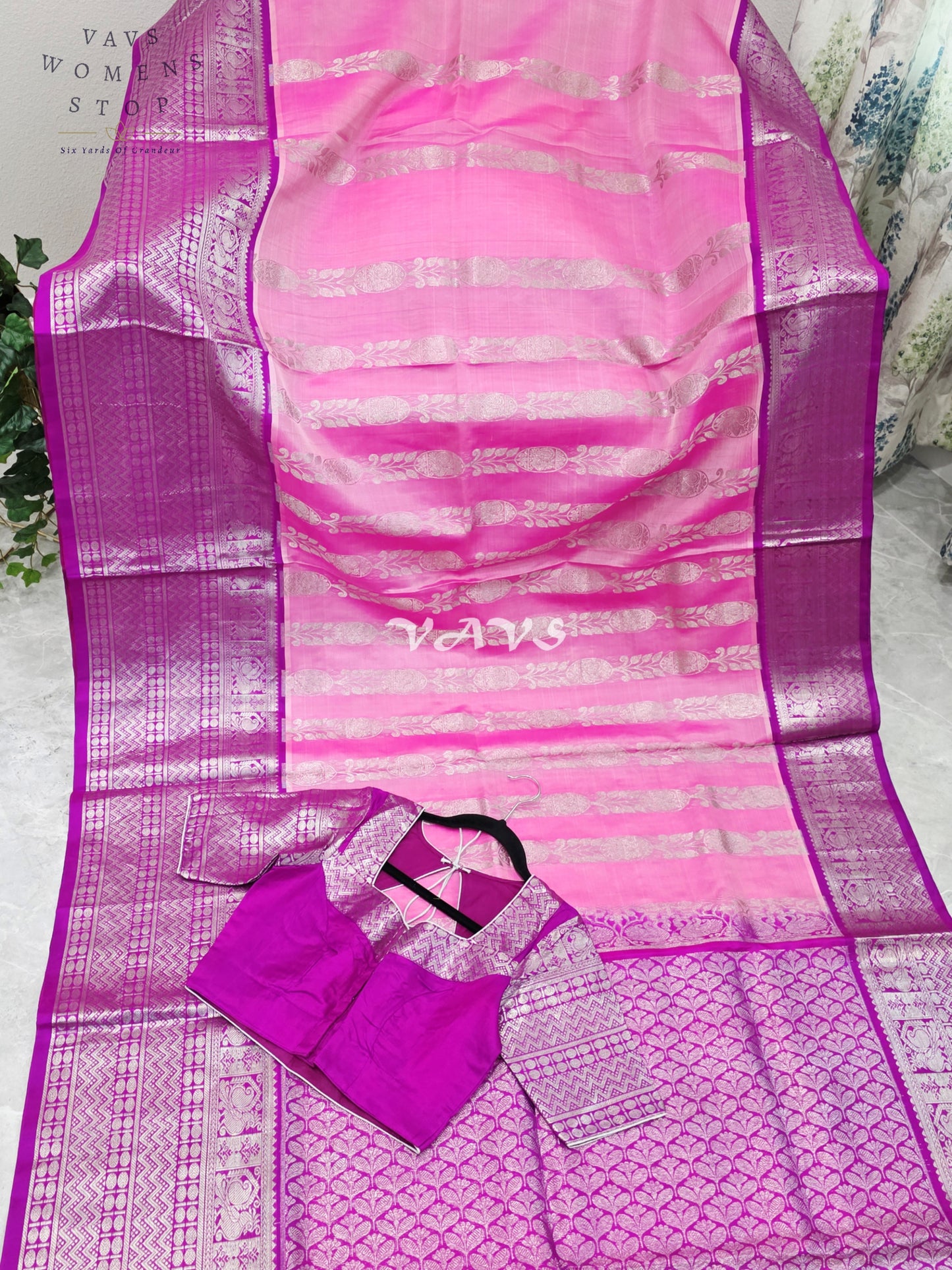 Royal Blush Pink & Imperial Orchid Pure Venkatagiri Pattu Handloom Saree with Silver Zari Stitched Blouse
