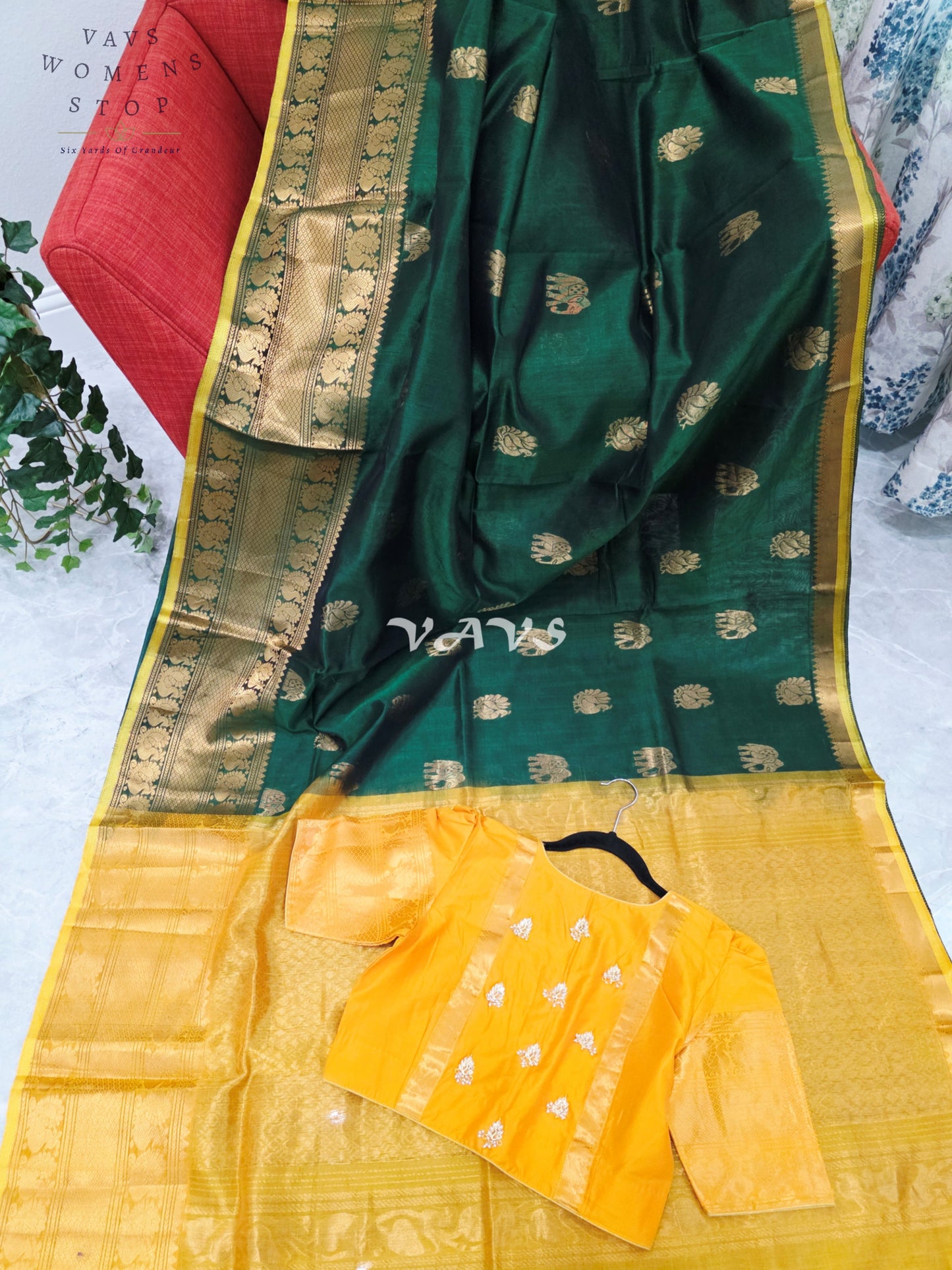 Royal Emerald Green & Sunlit Marigold Mangalagiri Pattu Handloom Silk Cotton Saree with Antique Gold Zari Border & Stitched Blouse