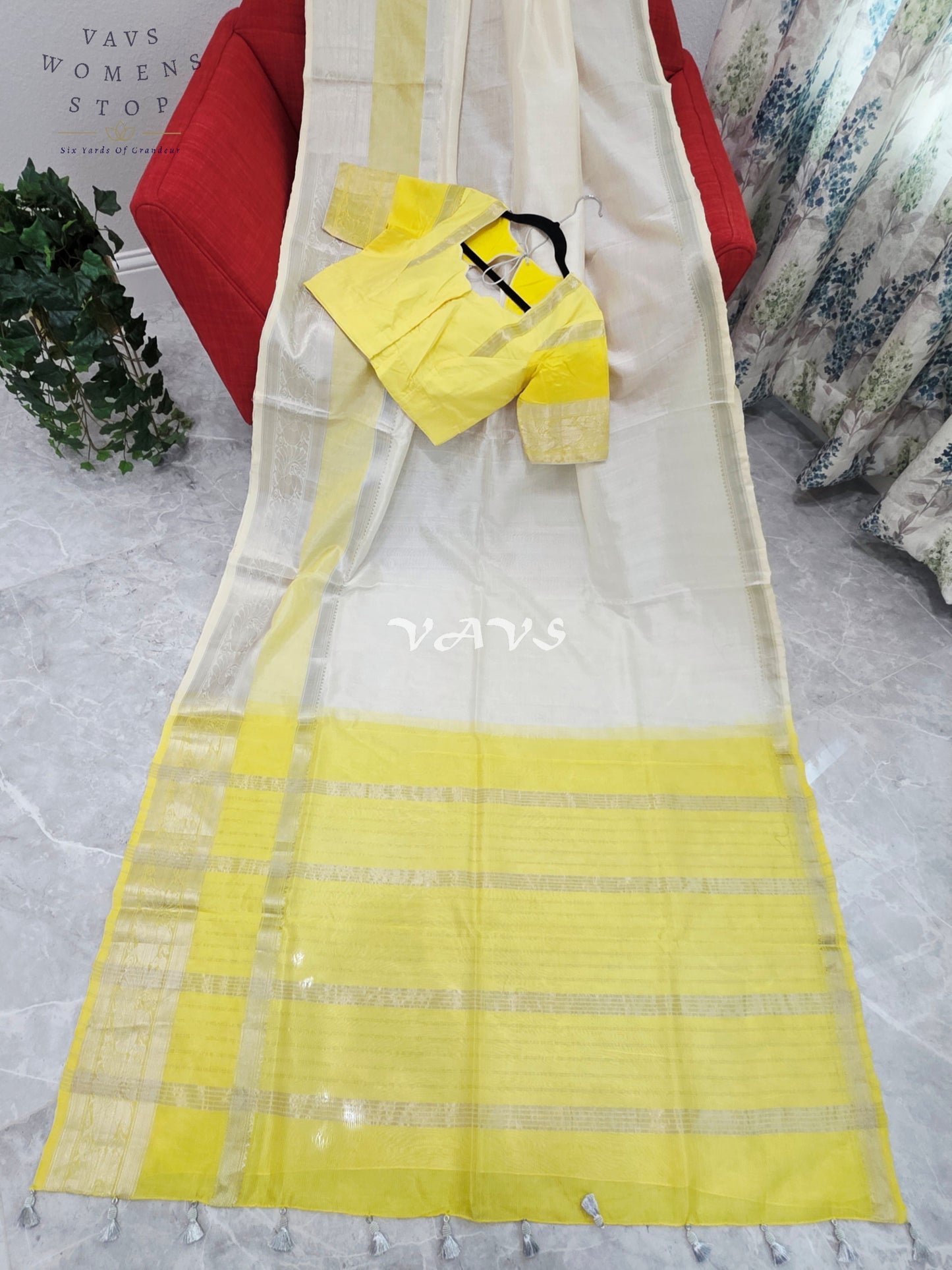 Nara Brahmani Inspired Mangalagiri Pattu Saree with Stitched Blouse | Yellow & Off-White