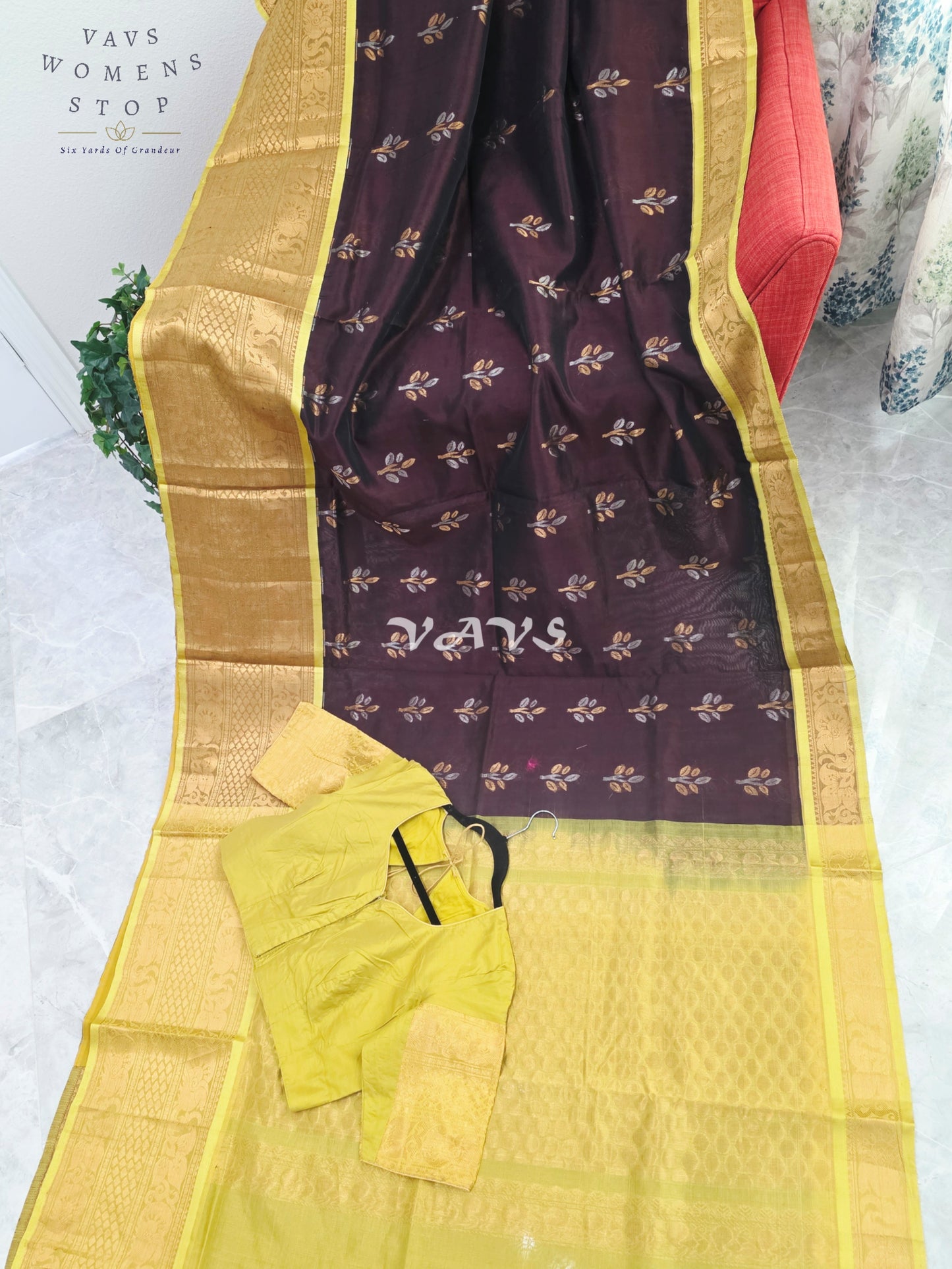 Royal Cocoa Brown & Harvest Gold Mangalagiri Pattu Handloom Silk Cotton Saree with Olive Green Border & Stitched Blouse Size 42-48