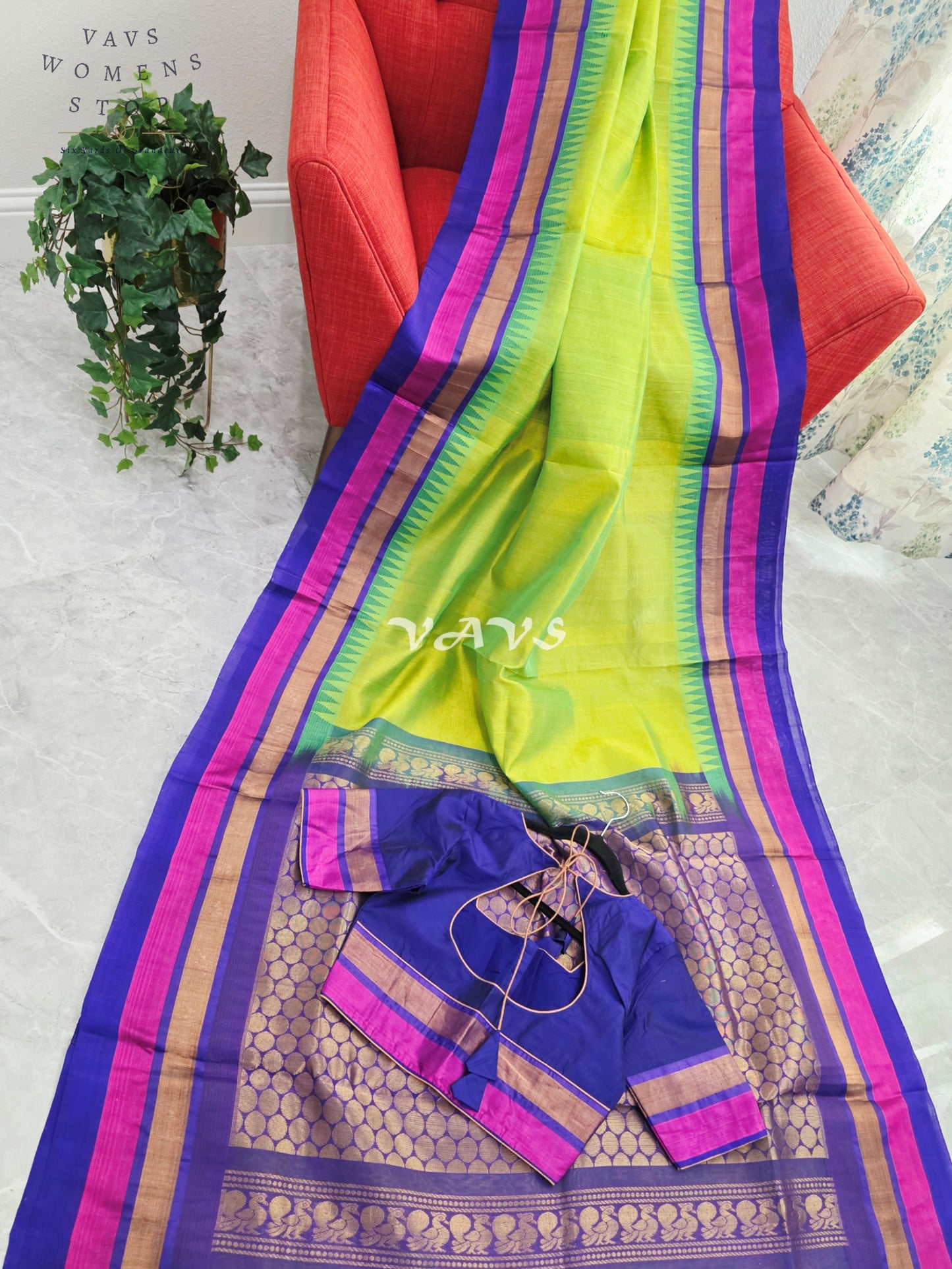 Royal Lime Zest & Regal Indigo Pure Kuppadam Pattu Silk Cotton Temple Border Saree with Stitched Blouse