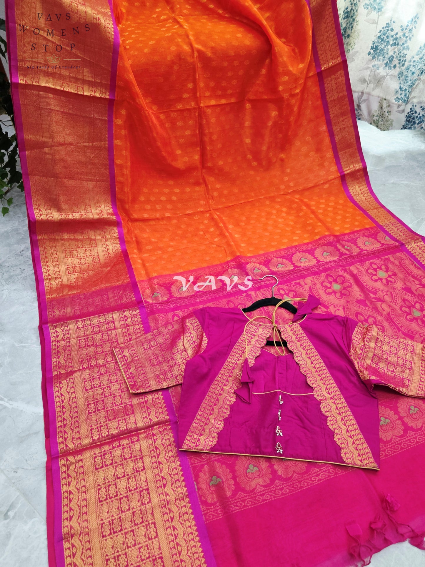 Royal Sunset Tangerine & Fuchsia Pink Mangalagiri Pattu Handloom Silk Cotton Saree with Antique Gold Zari Border & Stitched Blouse