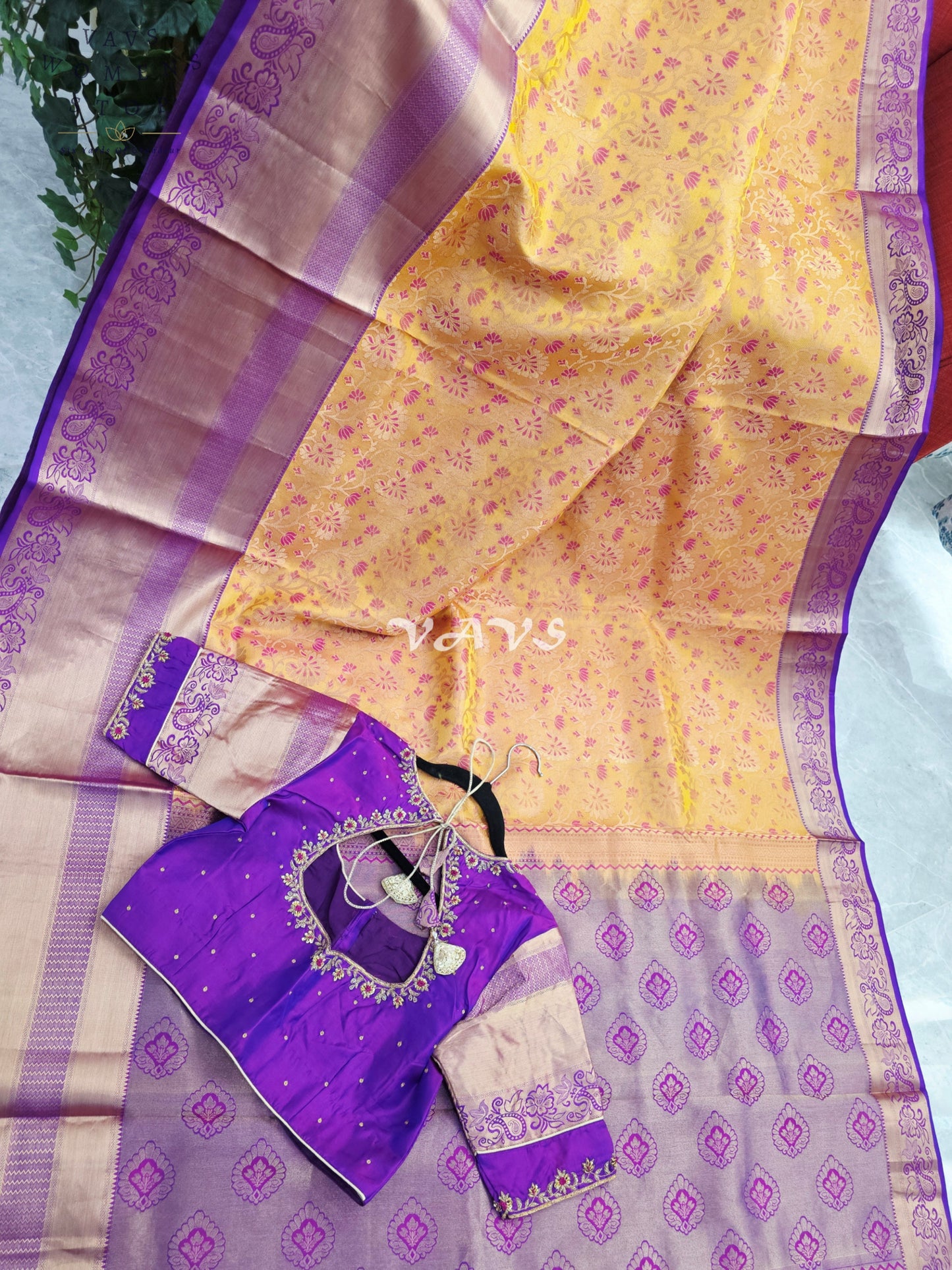 Royal Golden Apricot & Regal Amethyst Purple Pure Kanchi Double Warp Soft Silk Saree with Designer Maggam Blouse