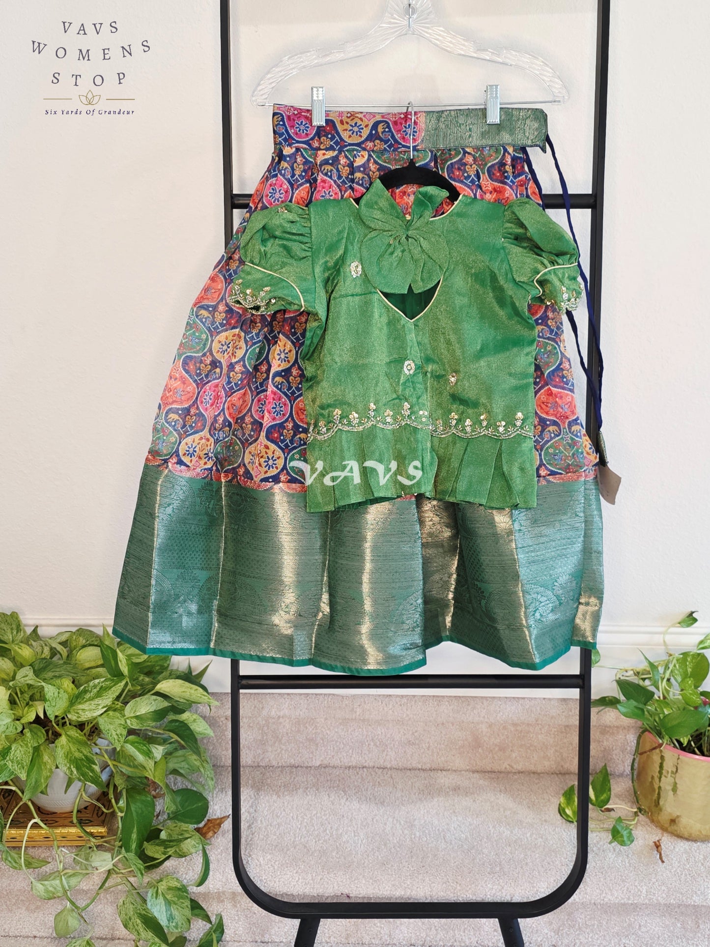 Royal Emerald Green & Multicolor Patola Print Organza Lehenga Set with Tissue Blouse for Girls Ages 5–6 Years