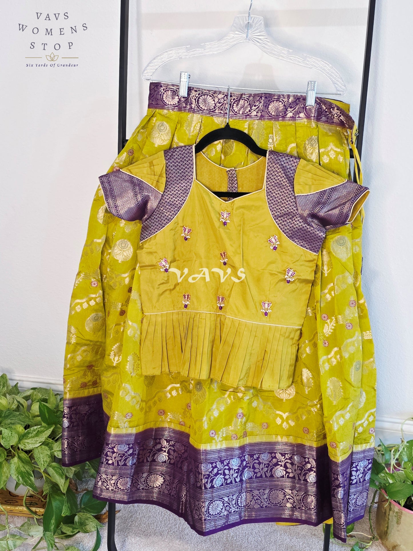 Royal Chartreuse Lime & Imperial Aubergine Benarasi Silk Lehenga Blouse Set for Girls Ages 10–11 Years