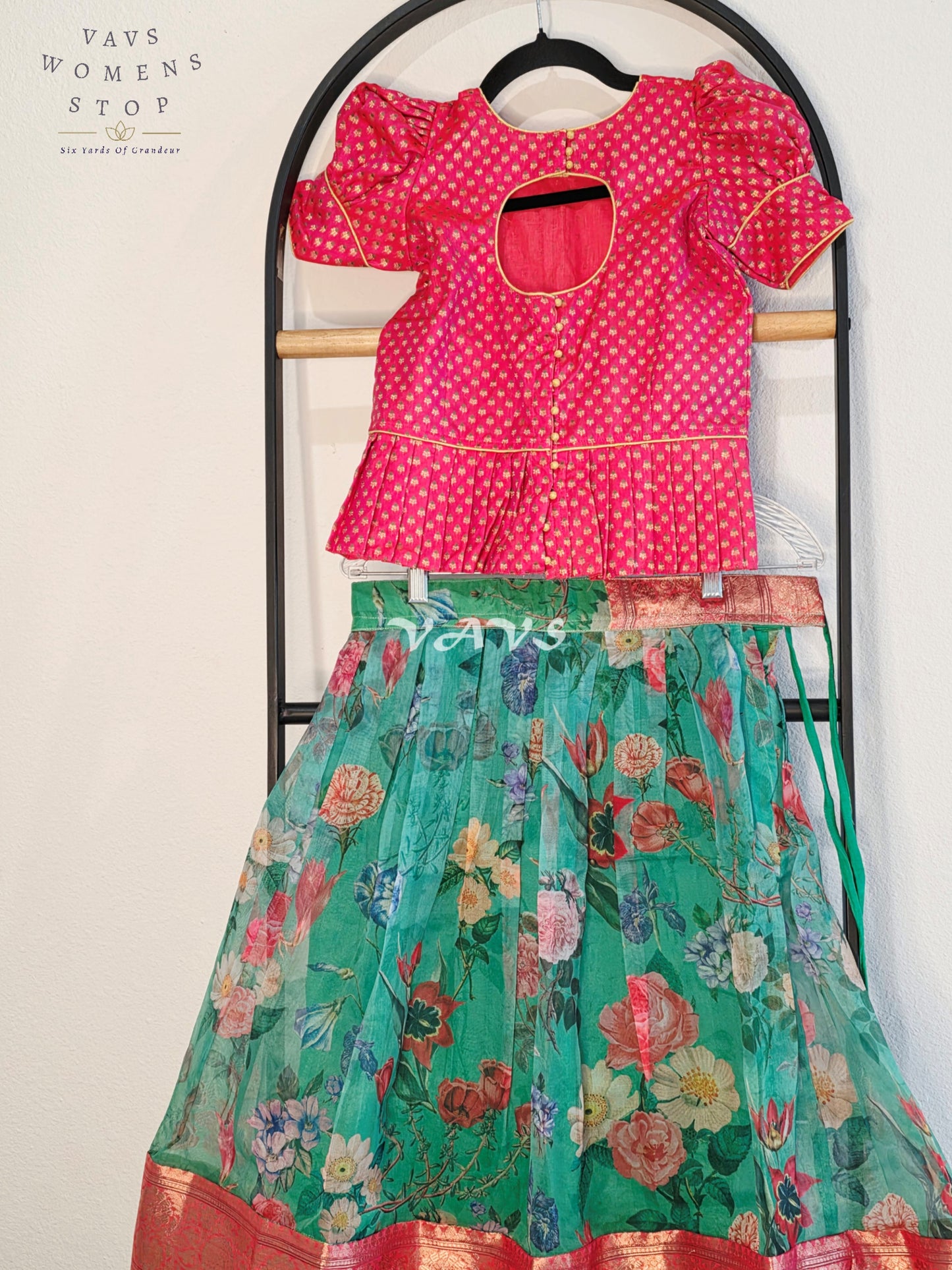 Royal Seafoam Aqua Floral Print Organza Lehenga with Peach Pink Benarasi Blouse Set for Girls Ages 7–8