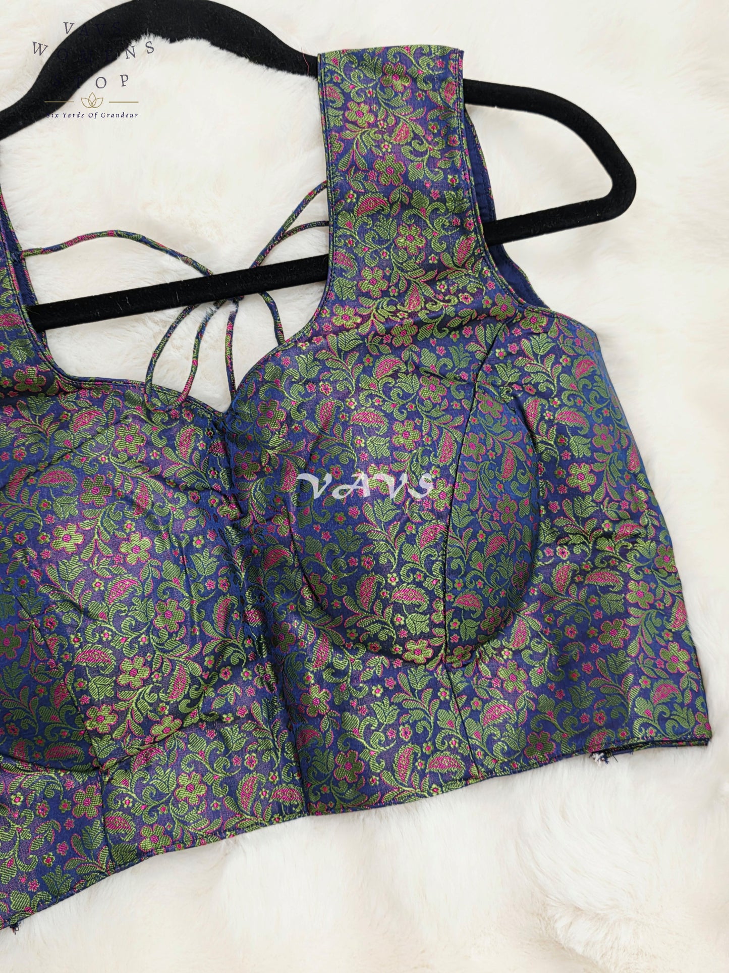 Royal Midnight Sapphire Blue Benarasi Brocade Designer Blouse with Emerald Green & Magenta Floral Weave