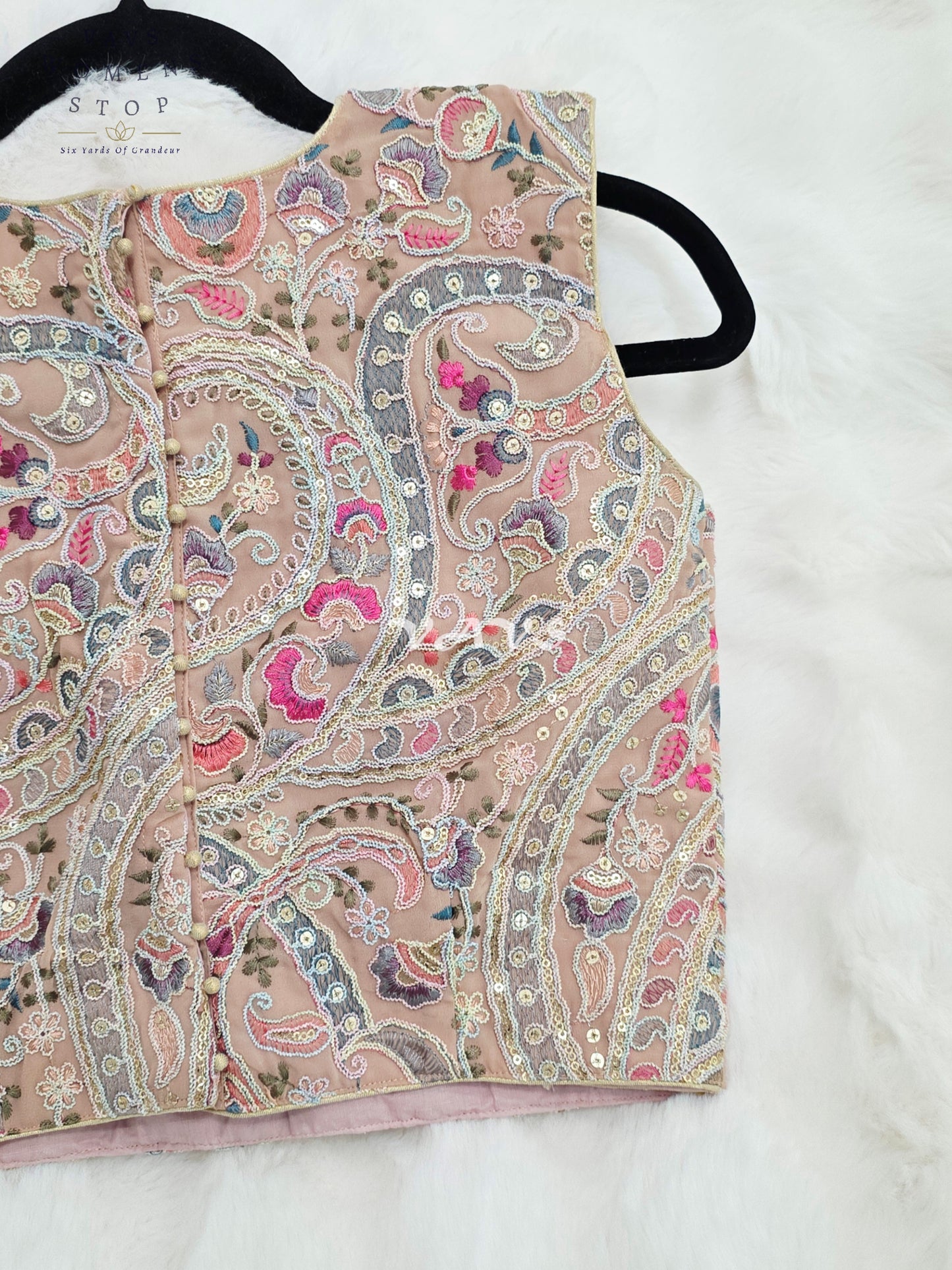 Royal Blush Champagne Nude Designer Embroidered Georgette Blouse with Pastel Paisley Sequins