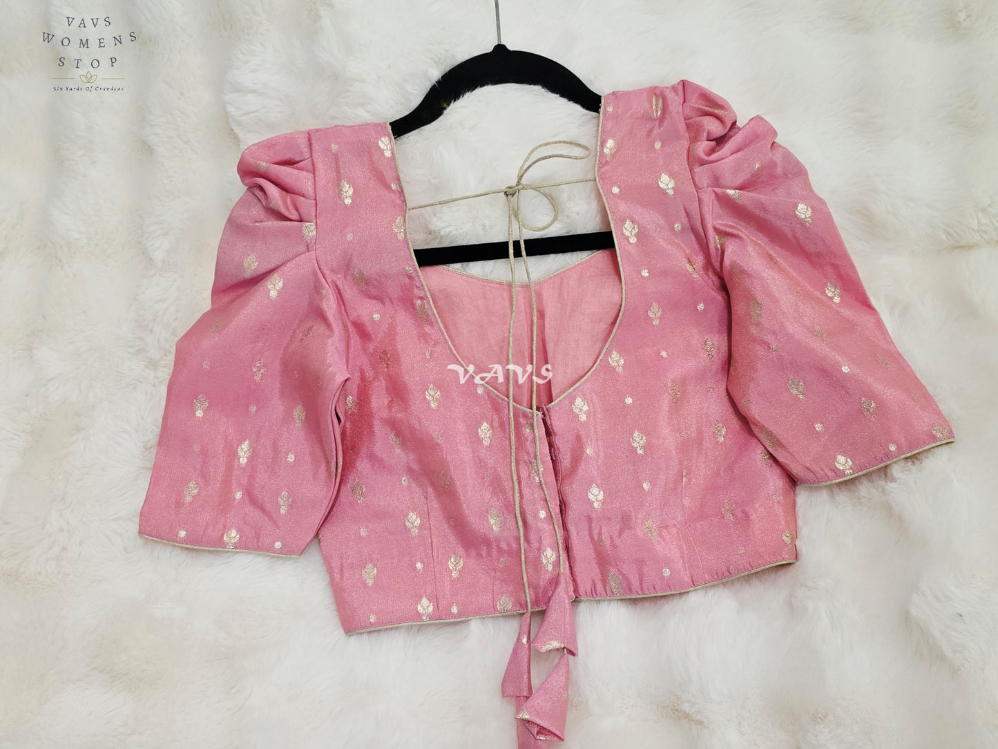 Royal Blush Pink Chinon Chiffon Puff Sleeve Blouse with Light Gold Zari Buttas