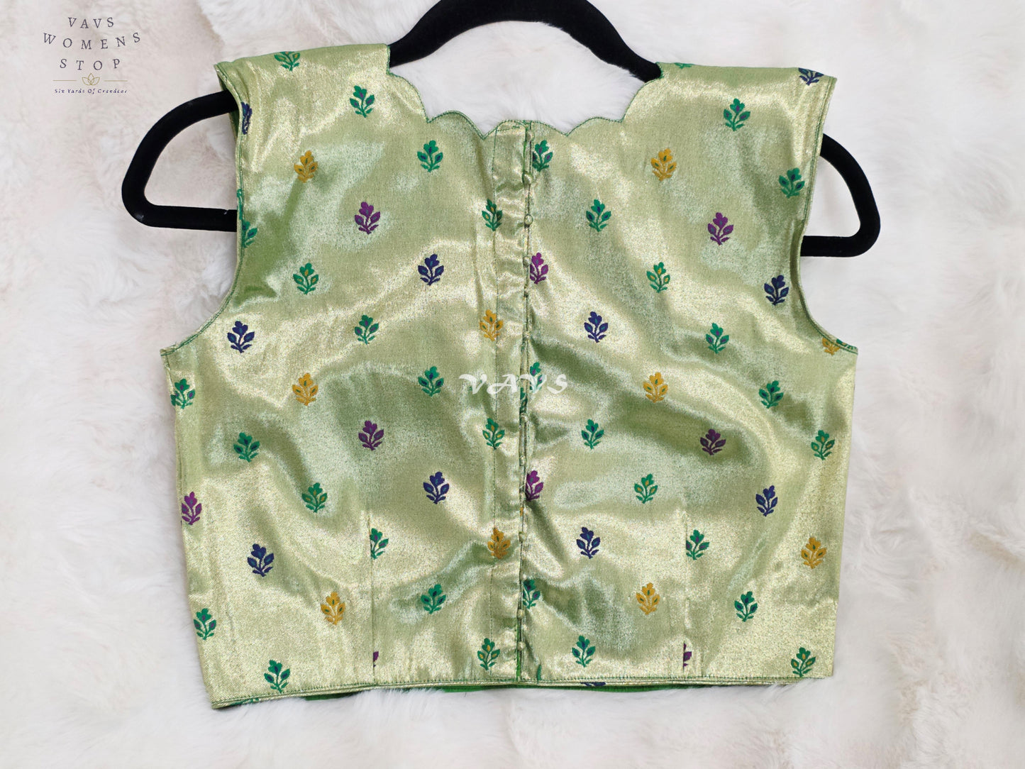Royal Celadon Mint Green Sleeveless Tissue Paithani Designer Blouse with Multicolor Buttas | Size 36-42