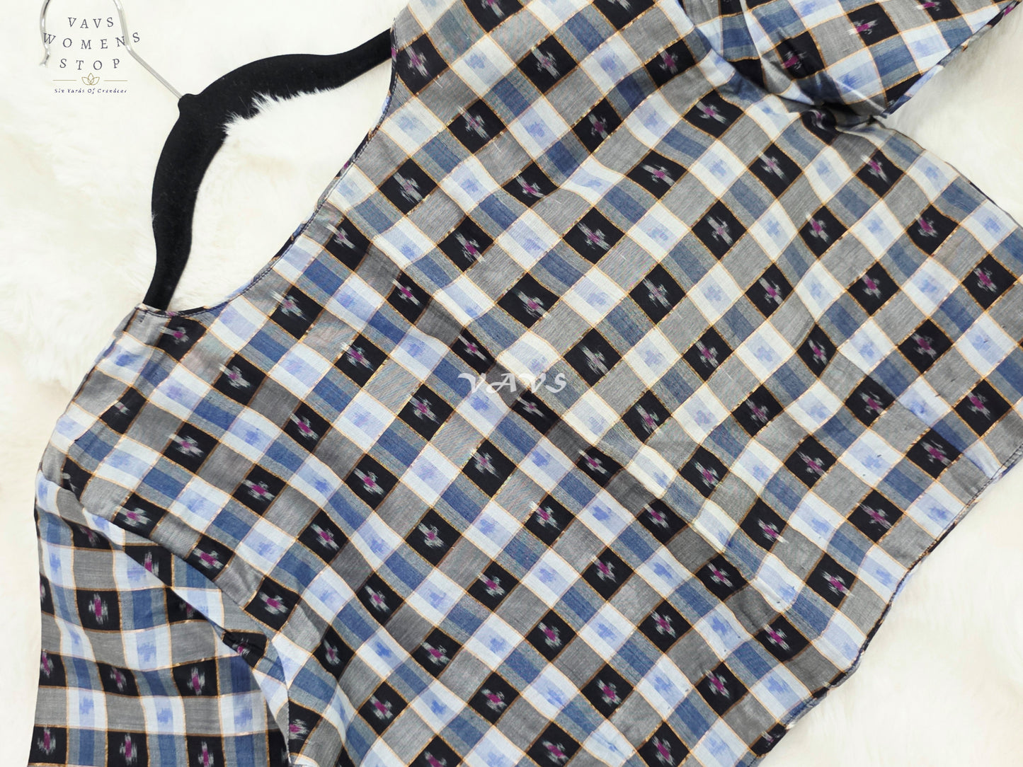 Royal Black, Sapphire Blue & Slate Grey Pure Sico Pochampally Ikat Checks Designer Blouse
