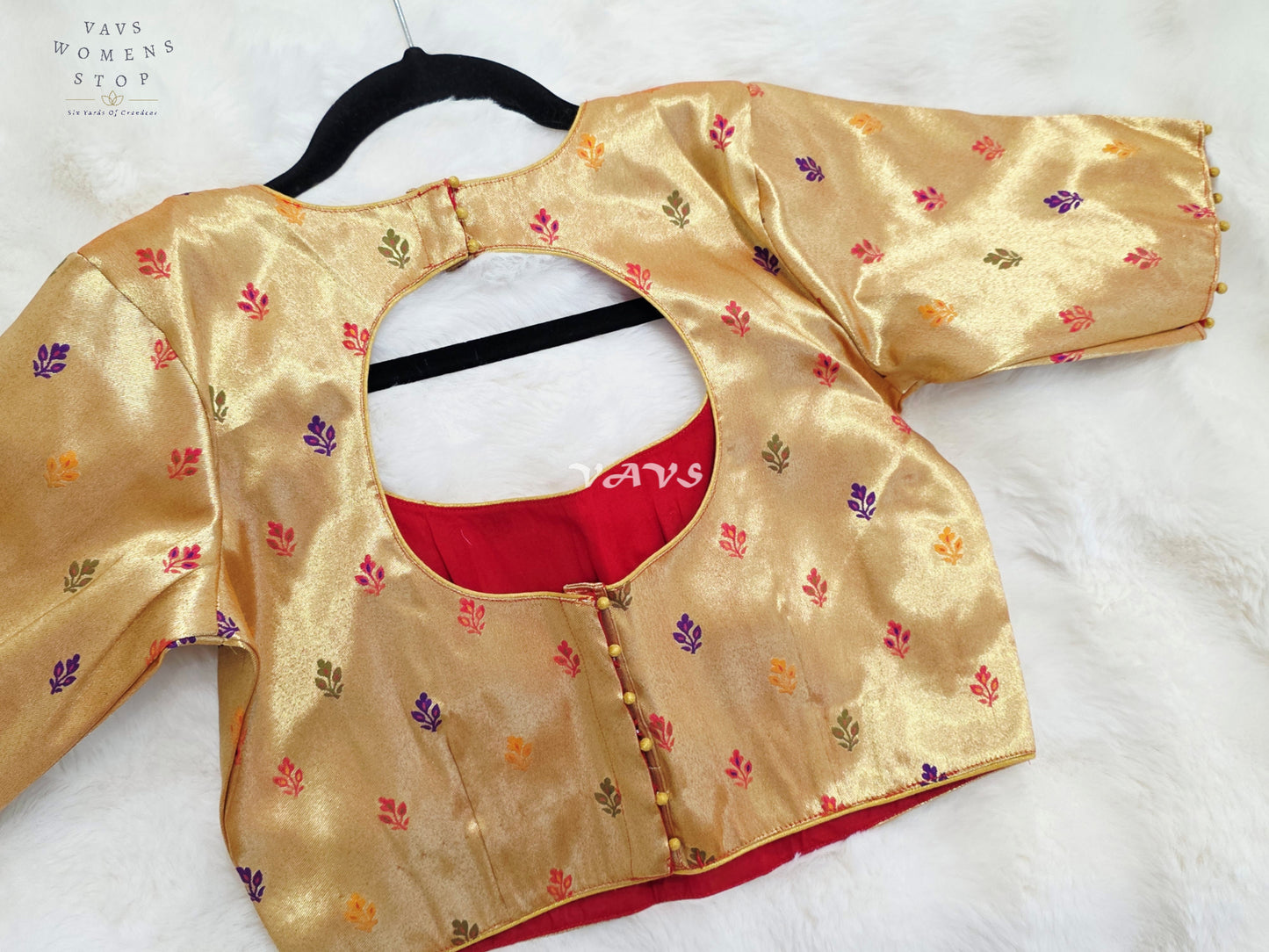 Royal Antique Gold Tissue Paithani Designer Blouse with Multicolor Buttas