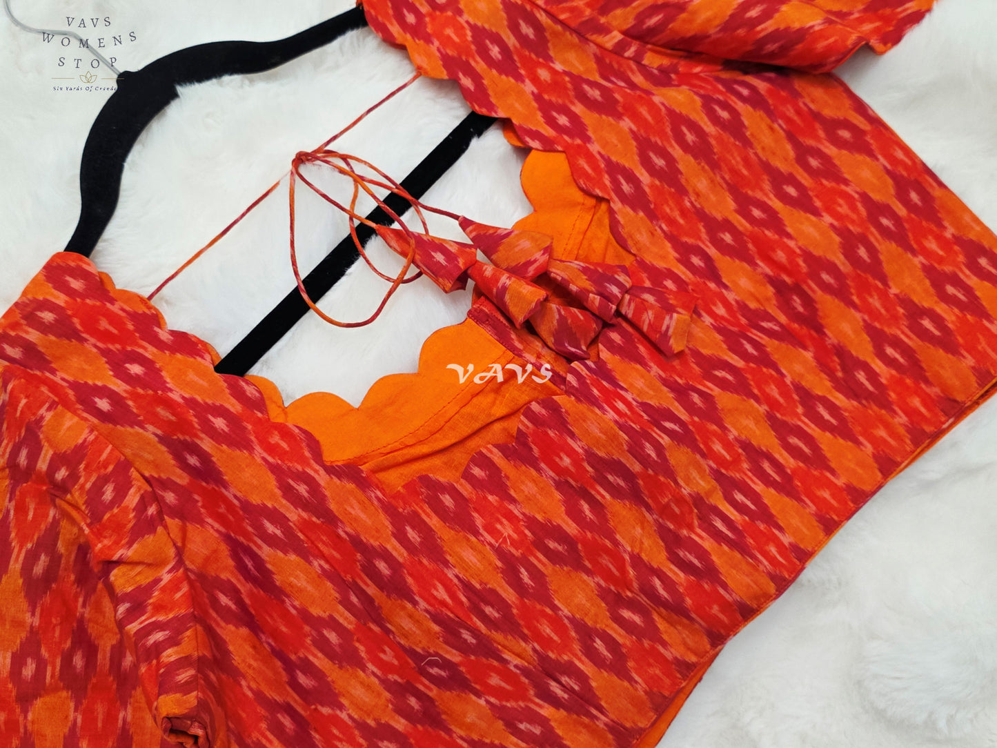 Royal Vermilion Orange & Crimson Red Pure Sico Pochampally Ikat Designer Blouse