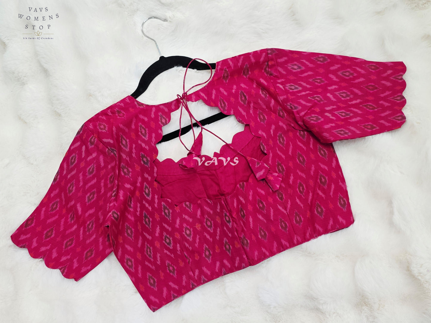 Royal Rani Pink Pure Sico Pochampally Ikat Designer Blouse with Scallop Neck