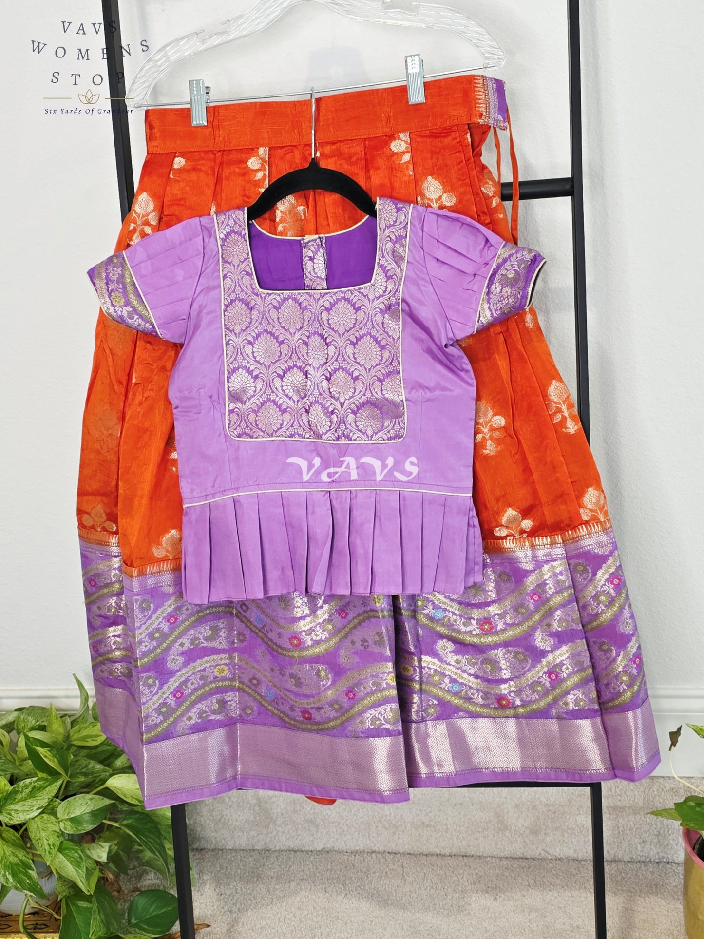 Royal Sunset Orange & Regal Lavender Benarasi Lehenga with Designer Puff Sleeves Blouse Set for Girls Ages 6–7