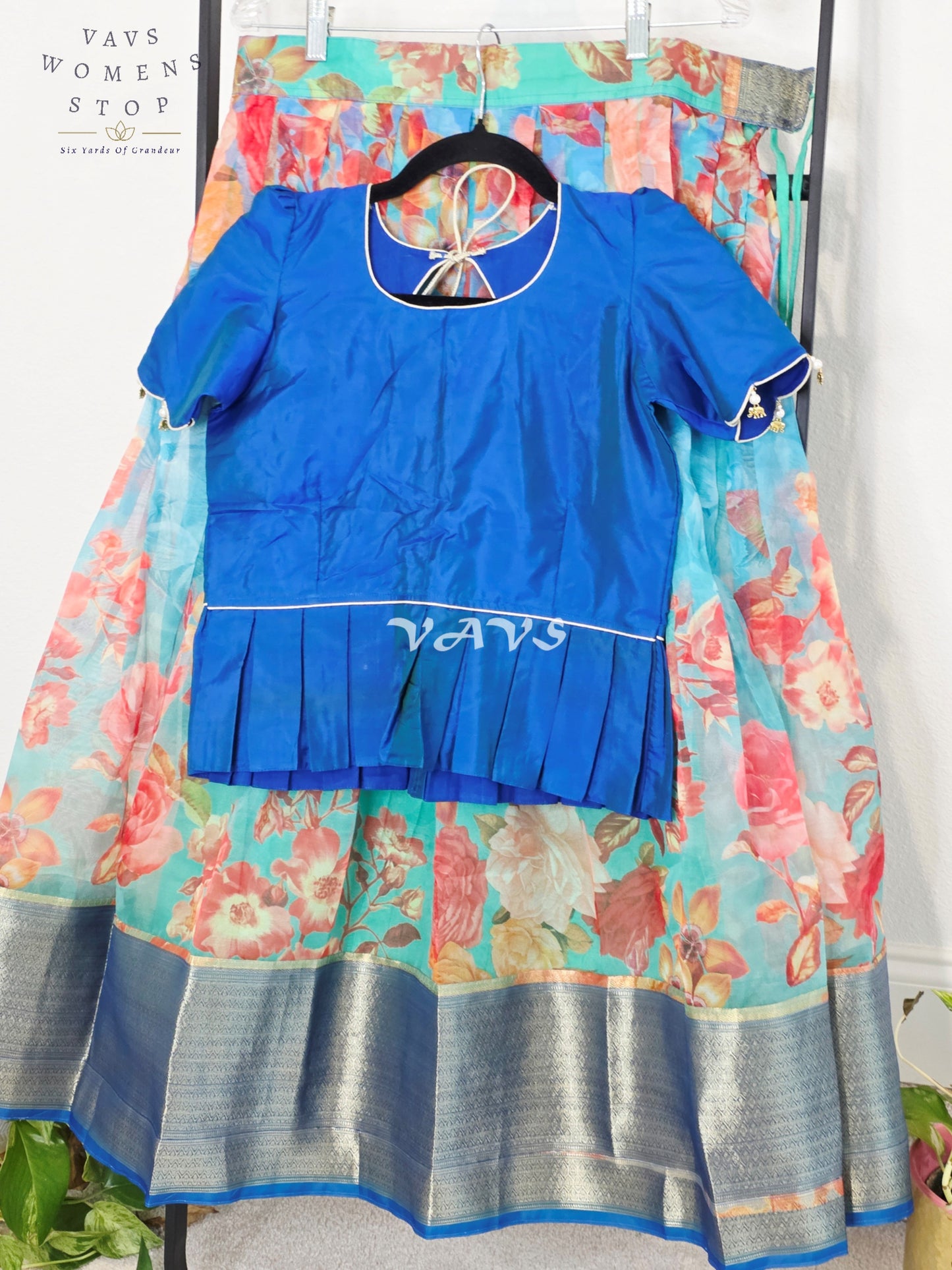 Royal Sapphire Blue & Aqua Bloom Floral Print Organza Lehenga Set for Girls Ages 11–12