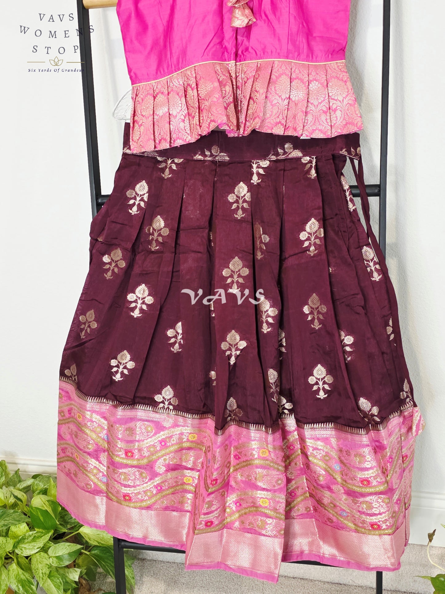 Royal Hot Pink & Regal Mulberry Wine Benarasi Lehenga with Puff Sleeves Blouse Set for Girls Ages 8–9