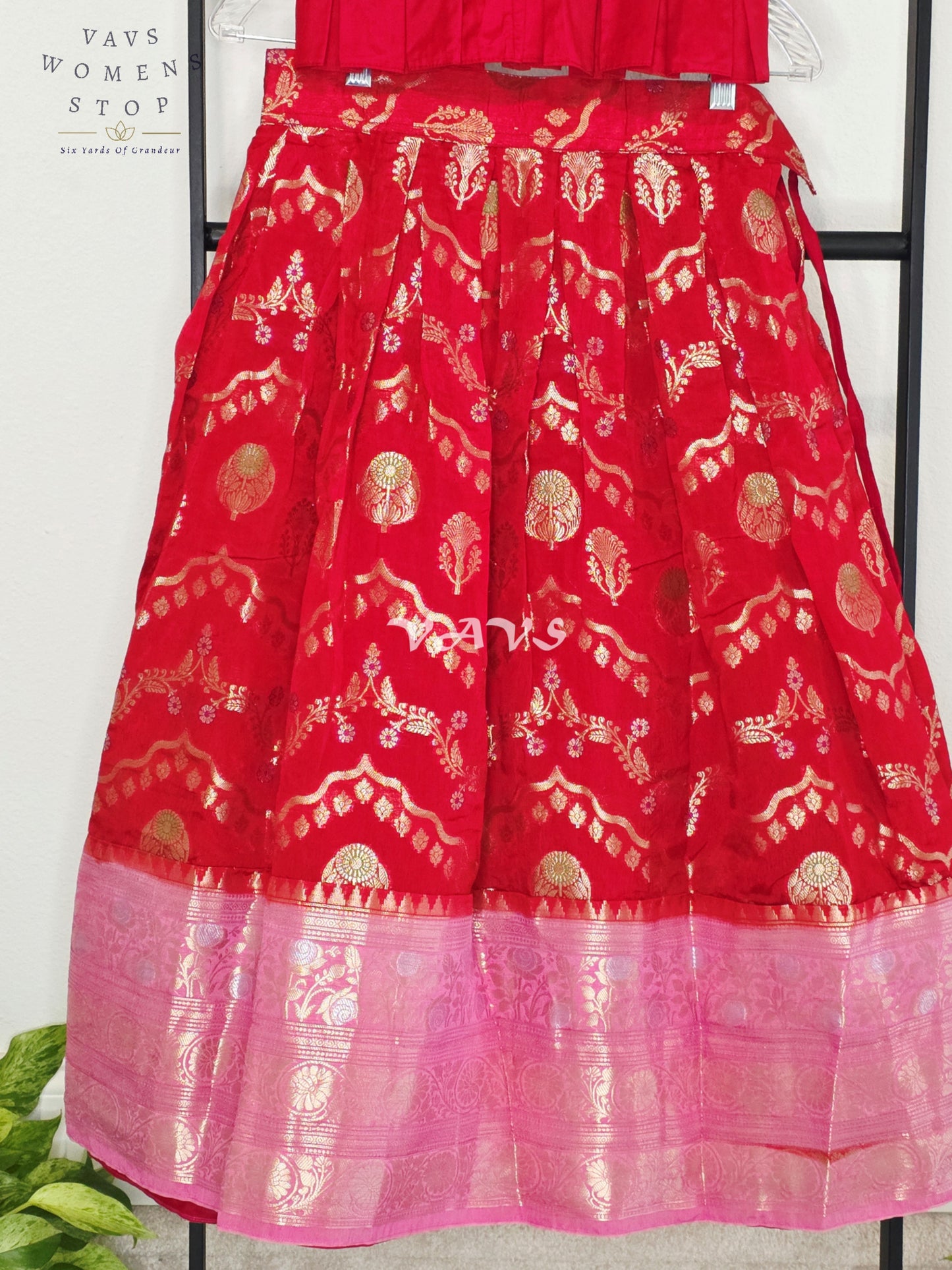 Royal Crimson Ruby & Blush Pink Benarasi Lehenga Blouse Set for Girls Ages 6–7 Years