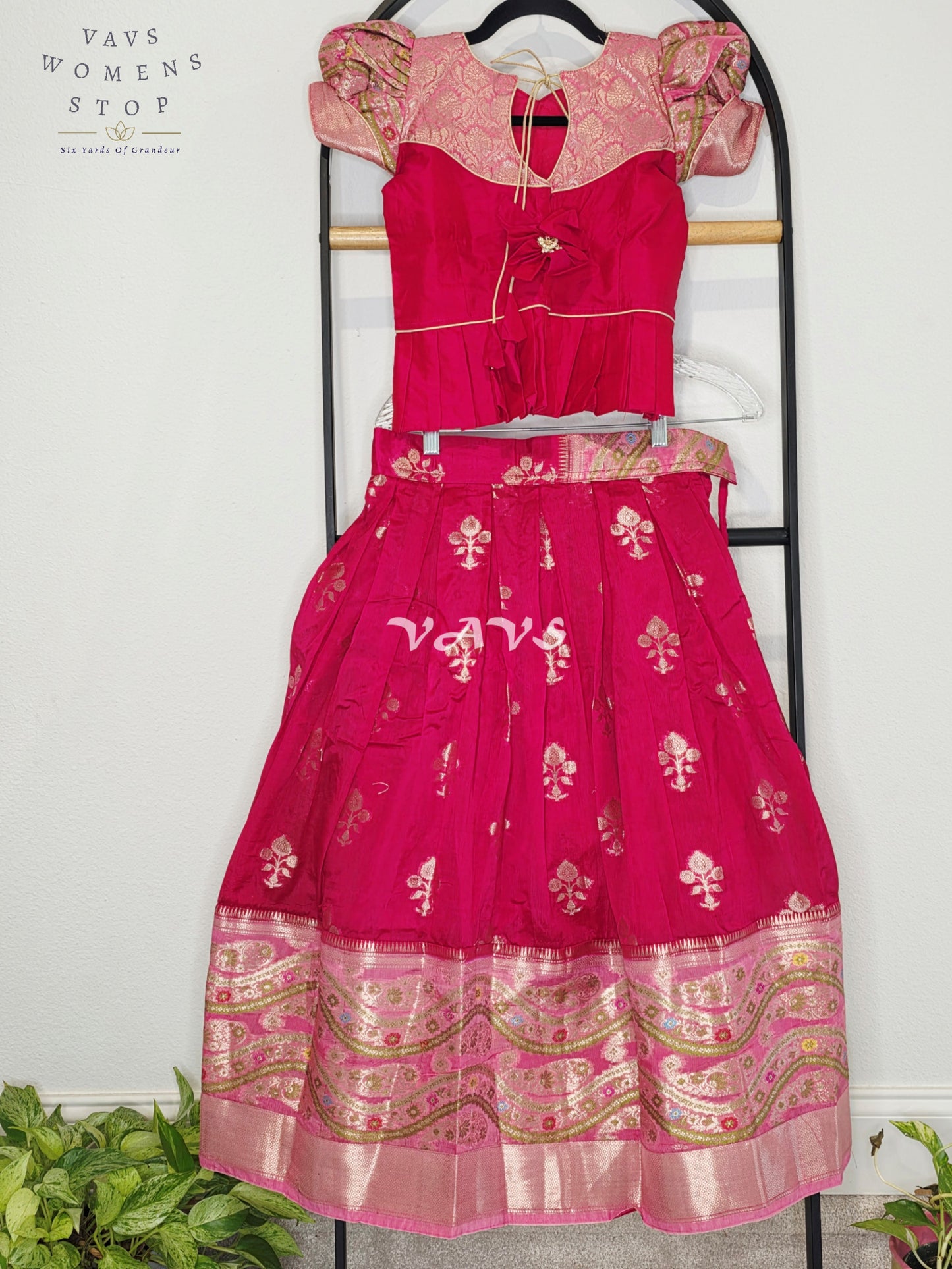 Royal Fuchsia Pink & Blush Rose Benarasi Lehenga Blouse Set with Puff Sleeves for Girls Ages 7–8