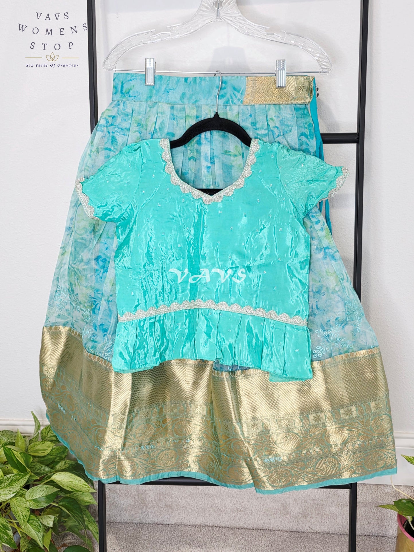 Royal Aqua Mist & Seafoam Mint Shibori Print Organza Lehenga Set for Girls Ages 6–7