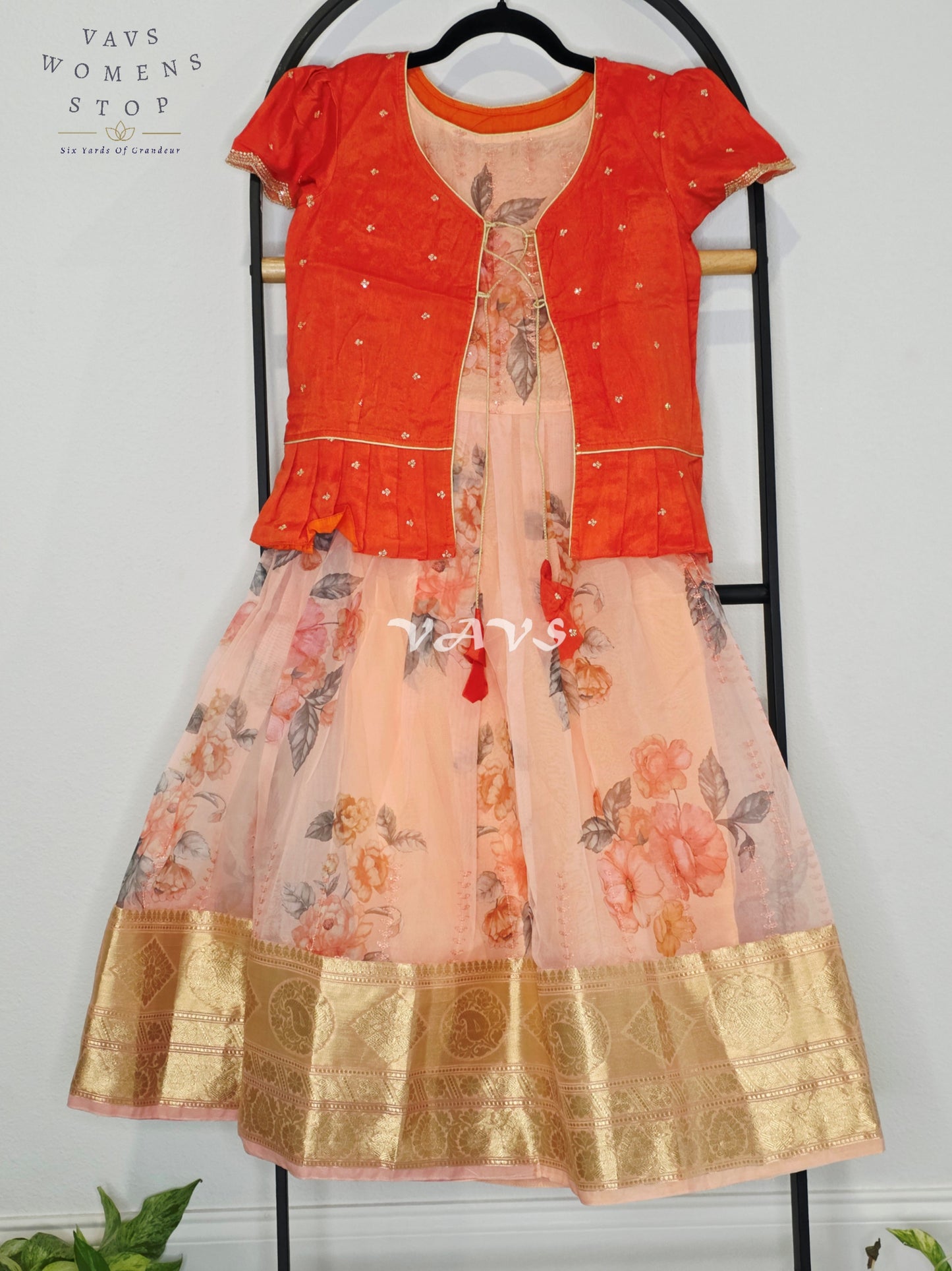 Royal Coral Sunset & Blush Peach Floral Print Organza Long Frock with Designer Overcoat Set for Girls Ages 7–8