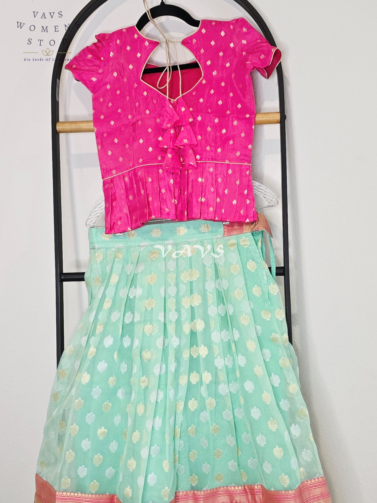 Royal Mint Aqua Organza Paithani Lehenga Set with Fuchsia Chinon Benarasi Blouse for Girls Ages 7–8