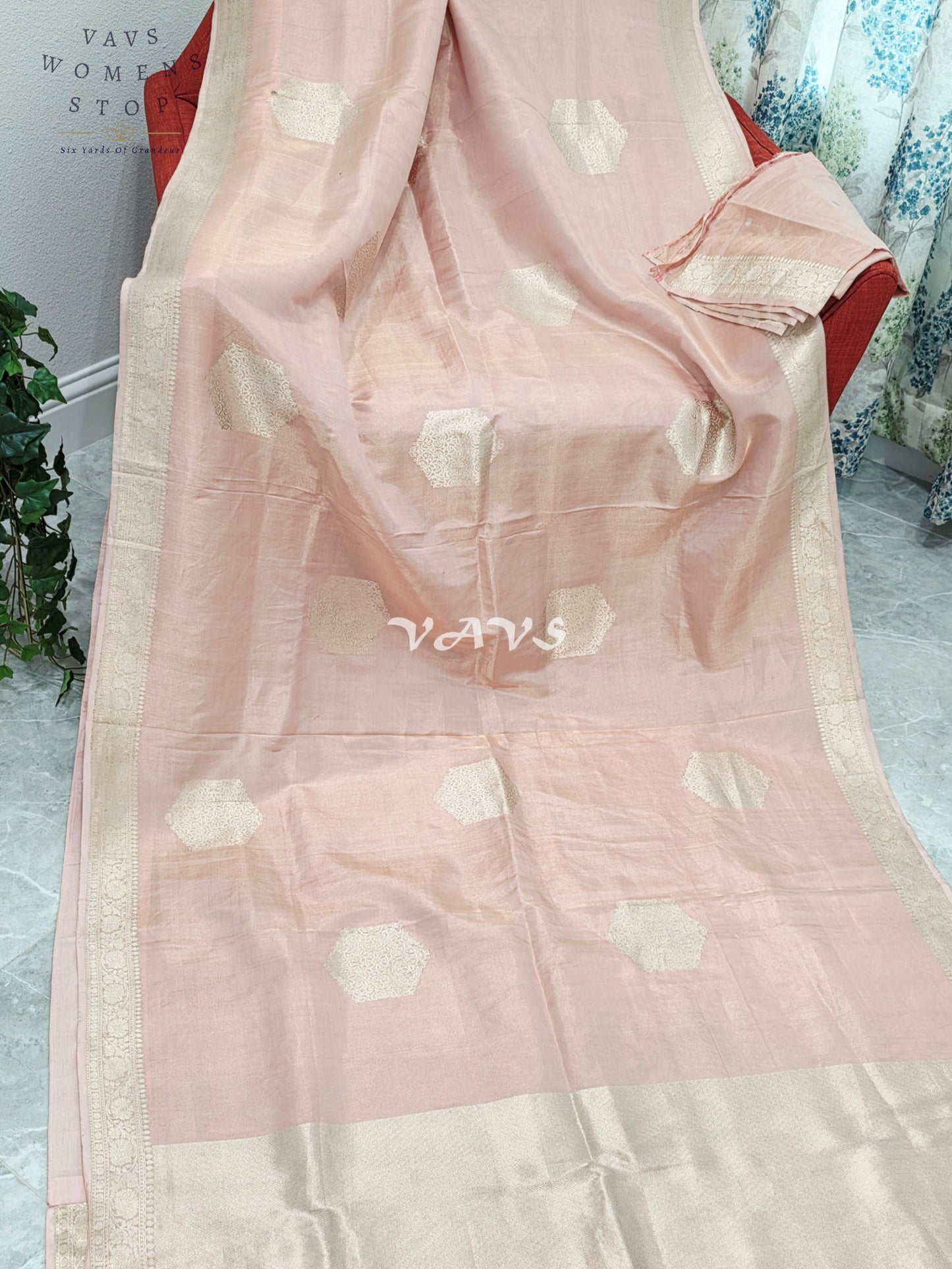 Royal Blush Petal Pink Pure Benarasi Tissue Silk Saree with Gold Zari Buttas & Unstitched Blouse Piece