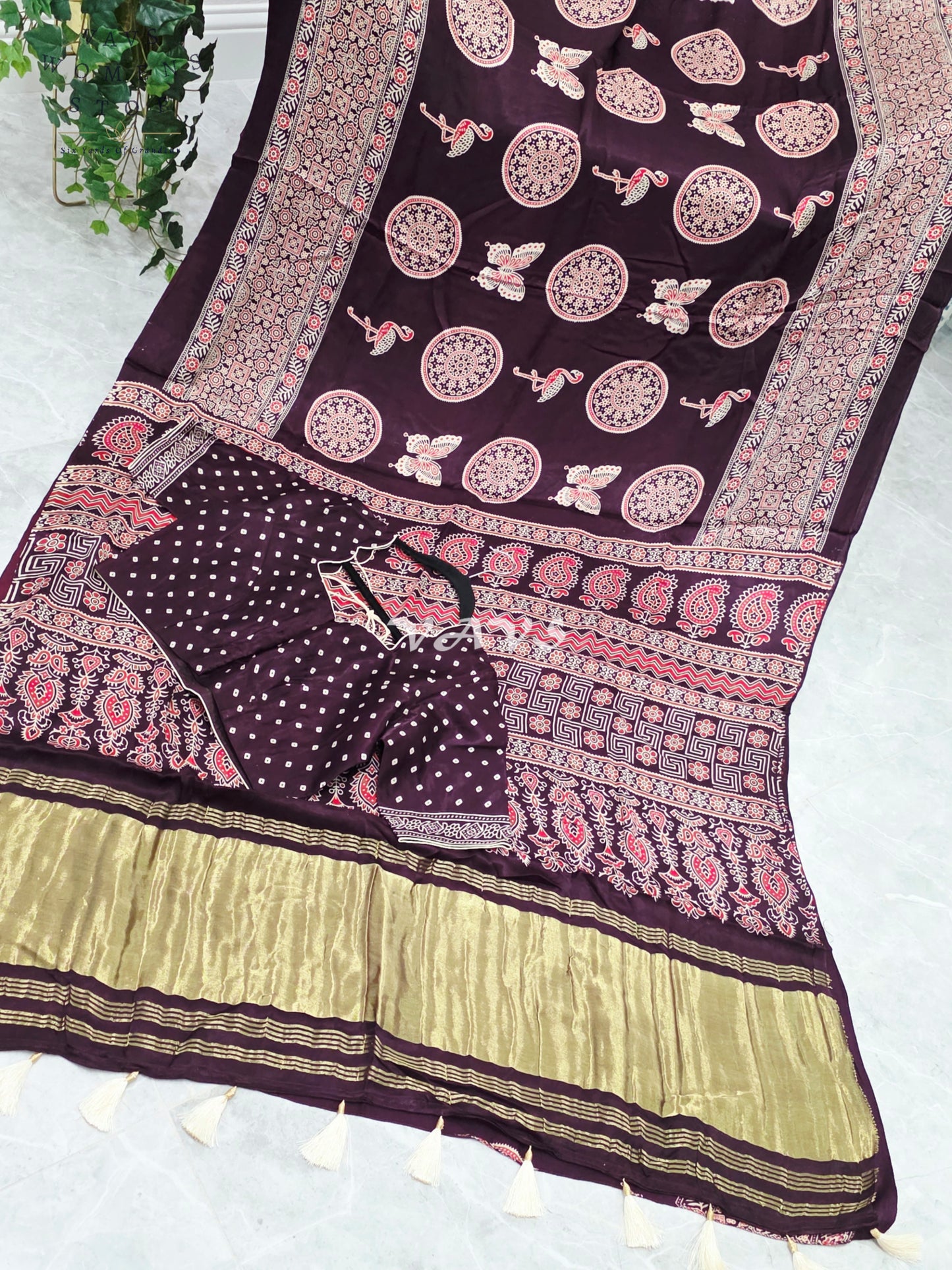 Royal Espresso Brown Semi Modal Silk Ajrakh Print Saree with Premium Stitched Blouse