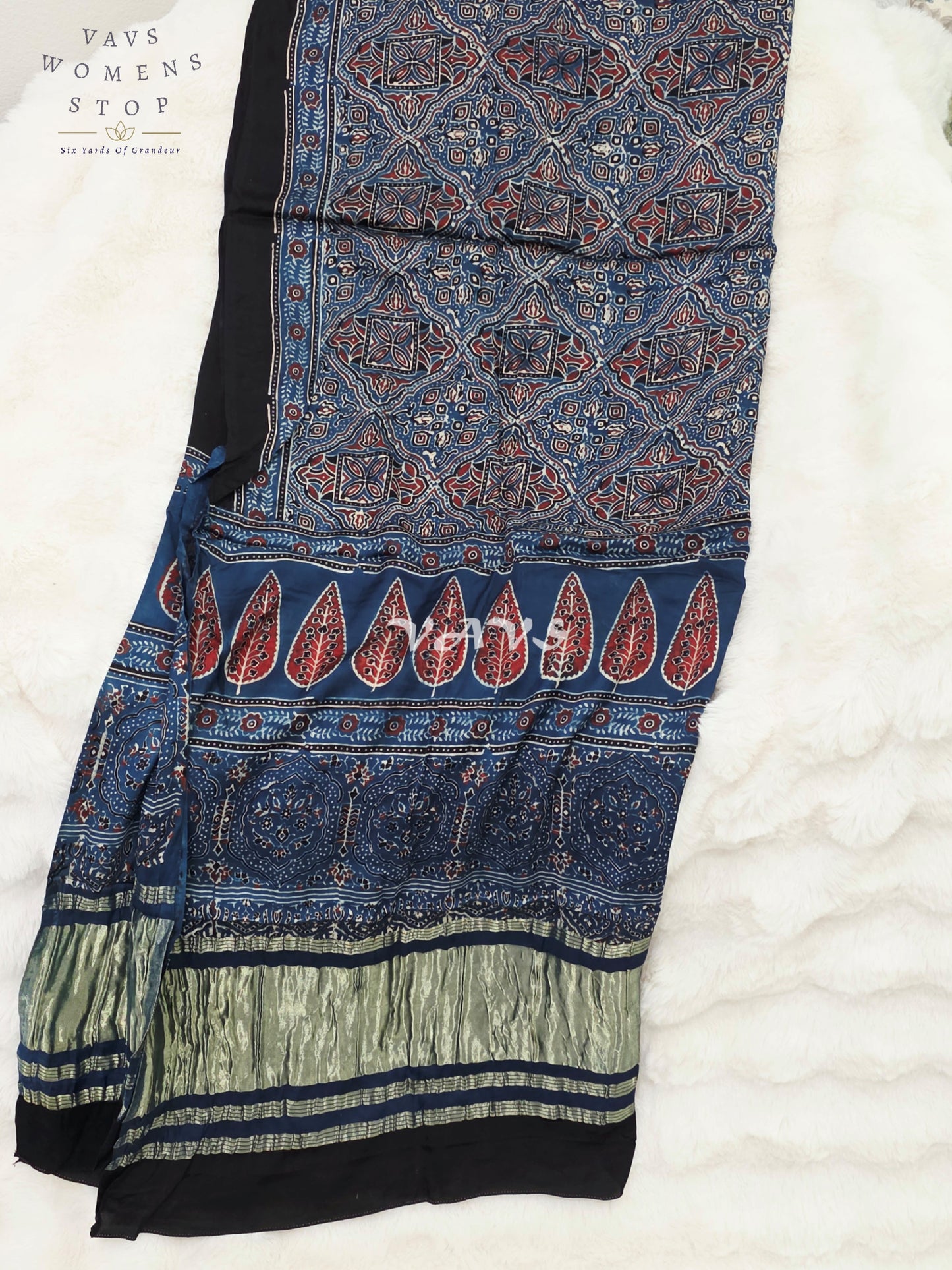 Royal Indigo Blue, Black & Antique Gold Pure Modal Silk Ajrakh Handblock Print Dupatta | 2.5 Meter Designer Ethnic Dupatta for Lehengas & Dresses