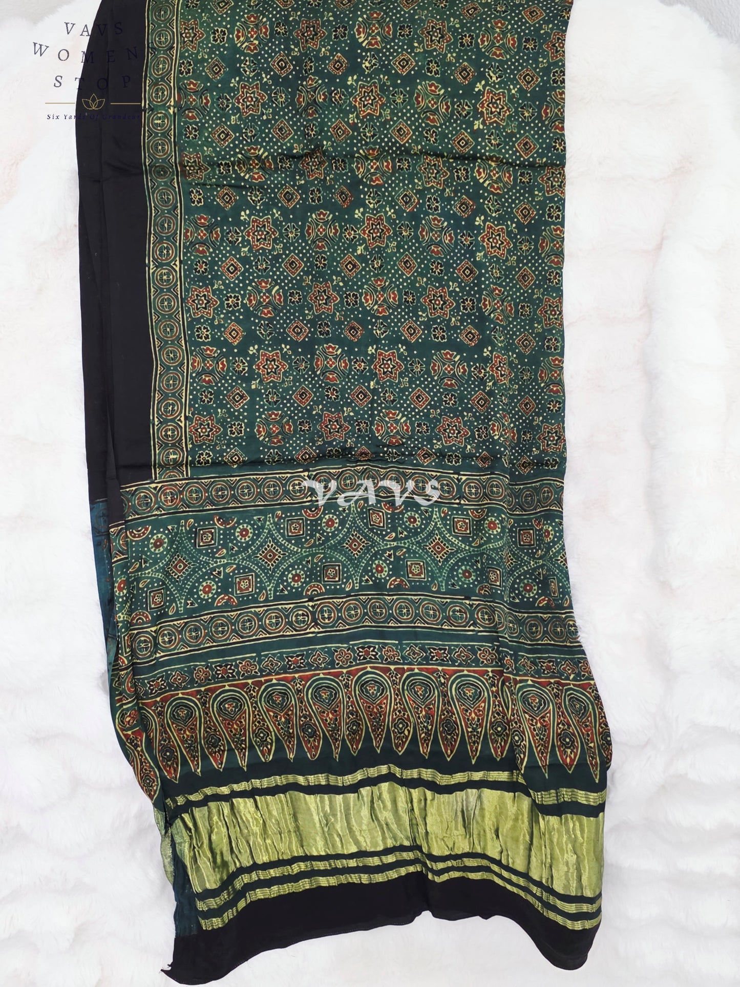 Royal Emerald Teal Green, Black & Antique Gold Pure Modal Silk Ajrakh Handblock Print Dupatta | 2.5 Meter Designer Ethnic Dupatta for Lehengas & Dresses