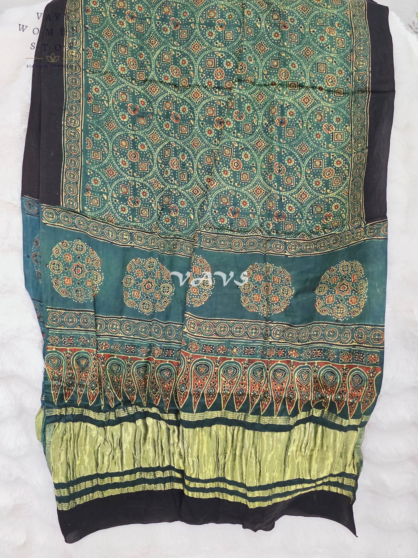 Royal Emerald Teal Green, Black & Antique Gold Pure Modal Silk Ajrakh Handblock Print Dupatta | 2.5 Meter Designer Ethnic Dupatta for Lehengas & Dresses