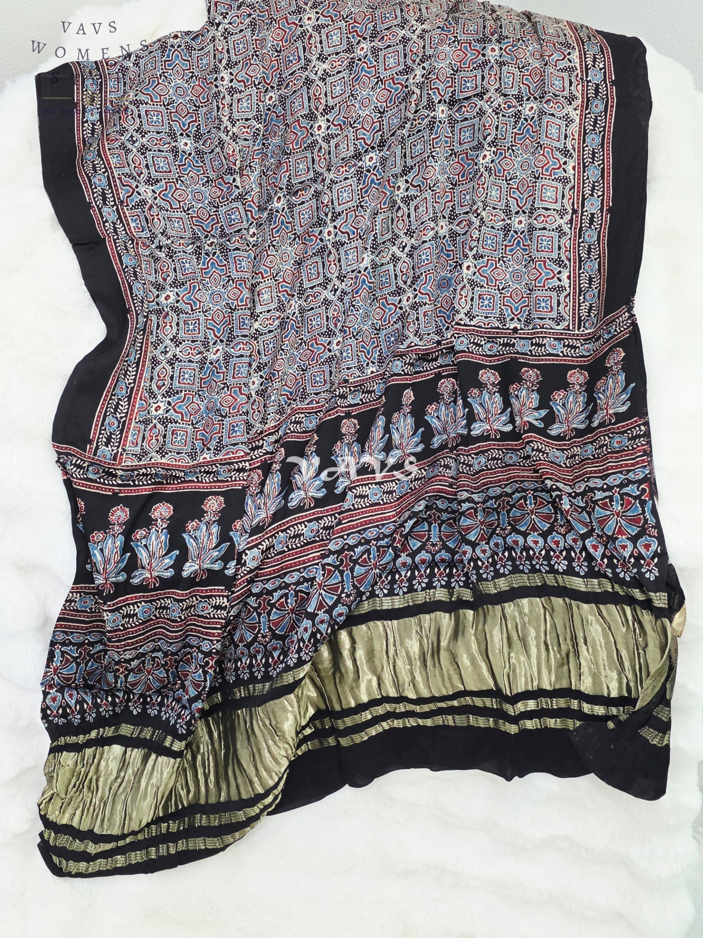 Royal Midnight Black, Powder Blue & Antique Gold Pure Modal Silk Ajrakh Handblock Print Dupatta | 2.5 Meter Designer Ethnic Dupatta for Lehengas & Dresses