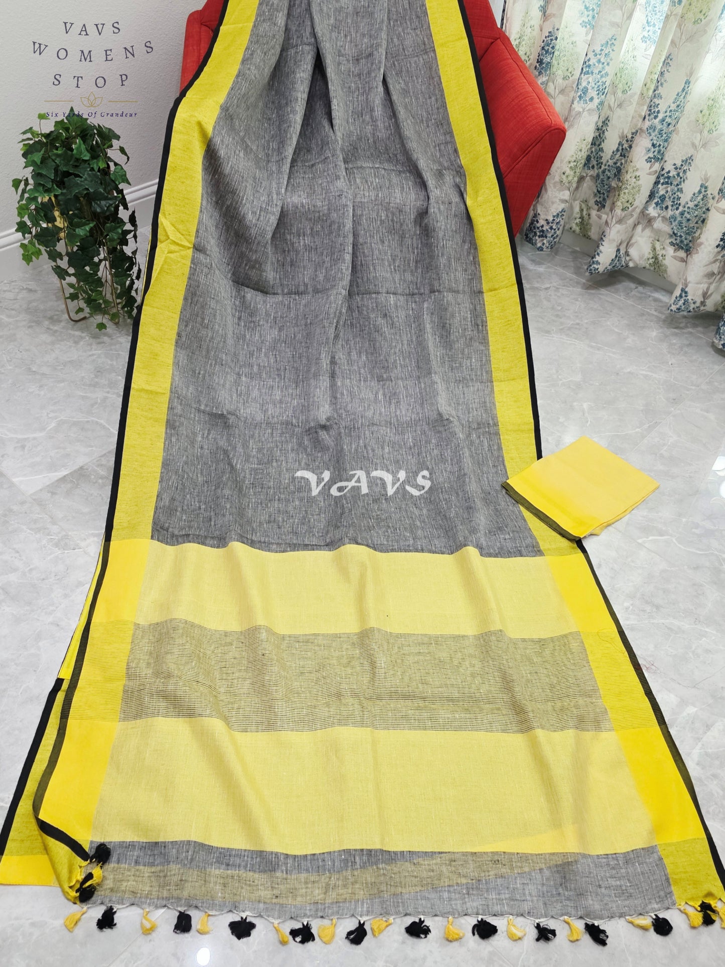 Royal Smoky Ash Grey & Sunlit Lemon Yellow Elegant Linen Saree with Unstitched Blouse Piece
