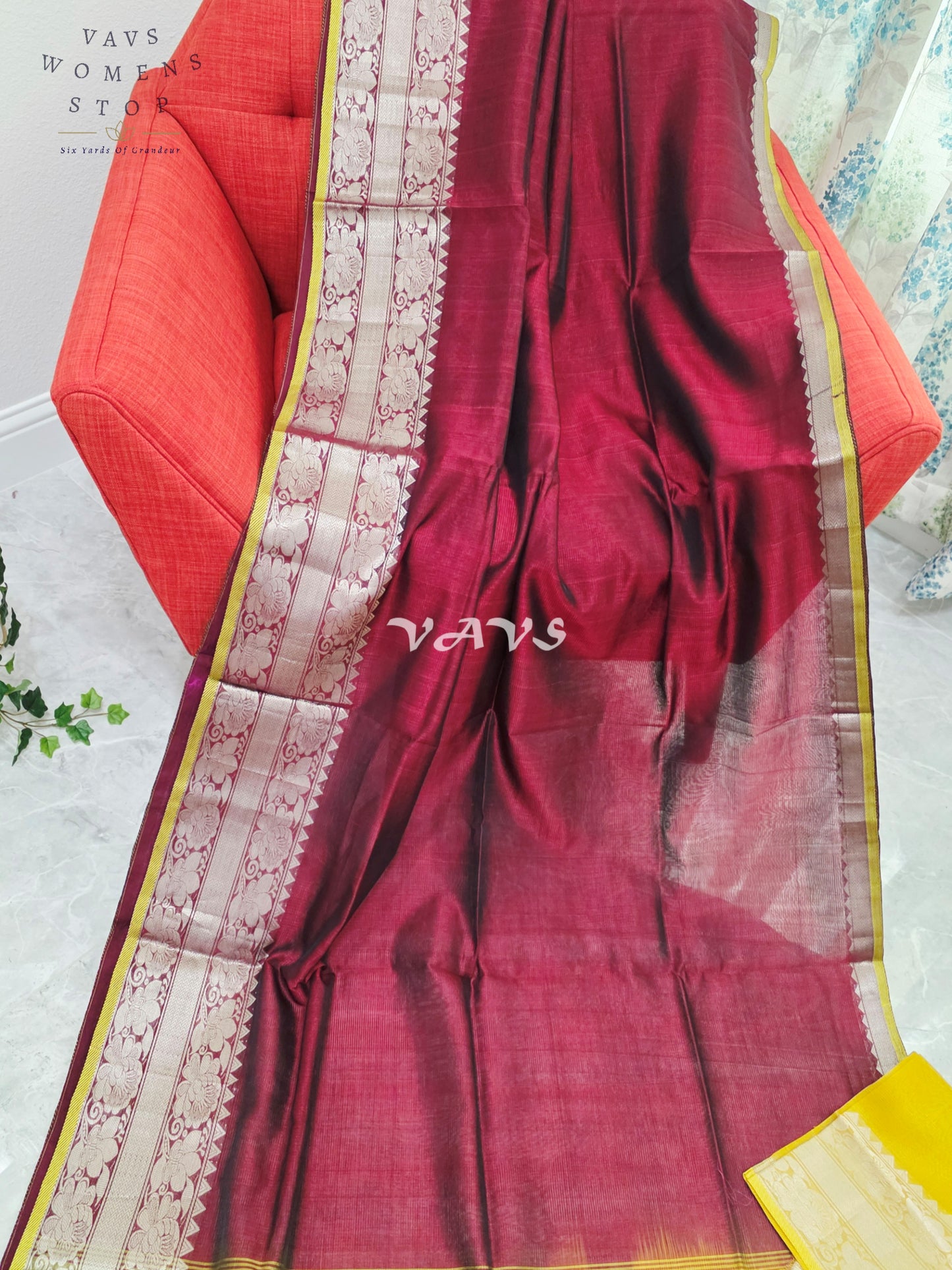 Royal Mulberry Wine & Sunlit Marigold Yellow Mangalagiri Pattu Silk Cotton Saree with Kanchi Border