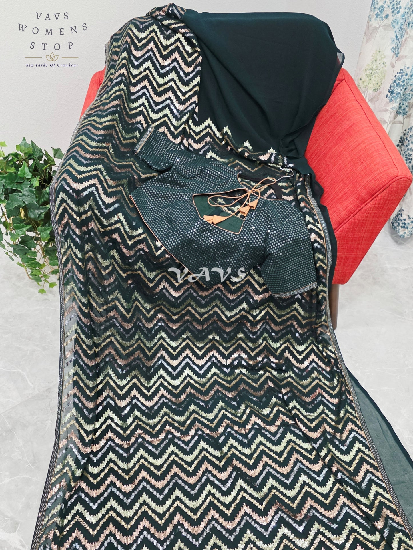 Royal Midnight Bottle Green Georgette Saree with Champagne Gold, Rose Gold & Silver Chevron Sequins and Stitched Blouse