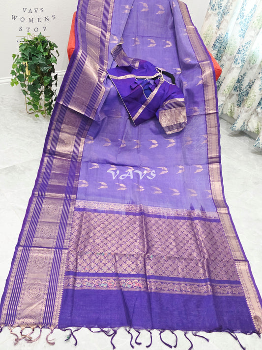 Royal Amethyst Purple Handloom Mangalagiri Pattu Silk Cotton Saree with Rose Gold Parrot Buttas & Stitched Blouse