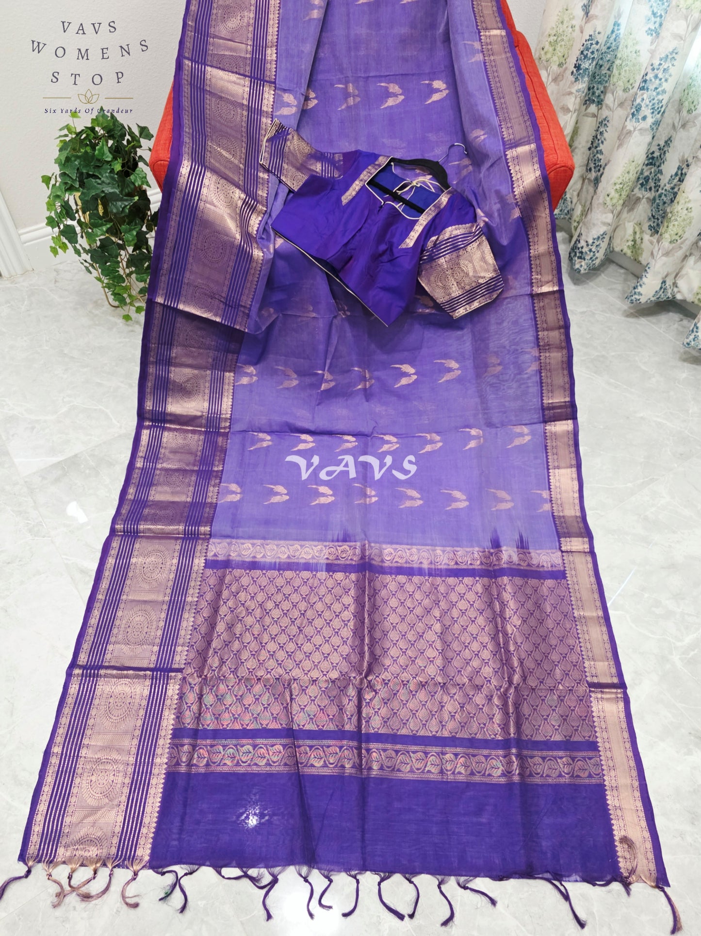 Royal Amethyst Purple Handloom Mangalagiri Pattu Silk Cotton Saree with Rose Gold Parrot Buttas & Stitched Blouse