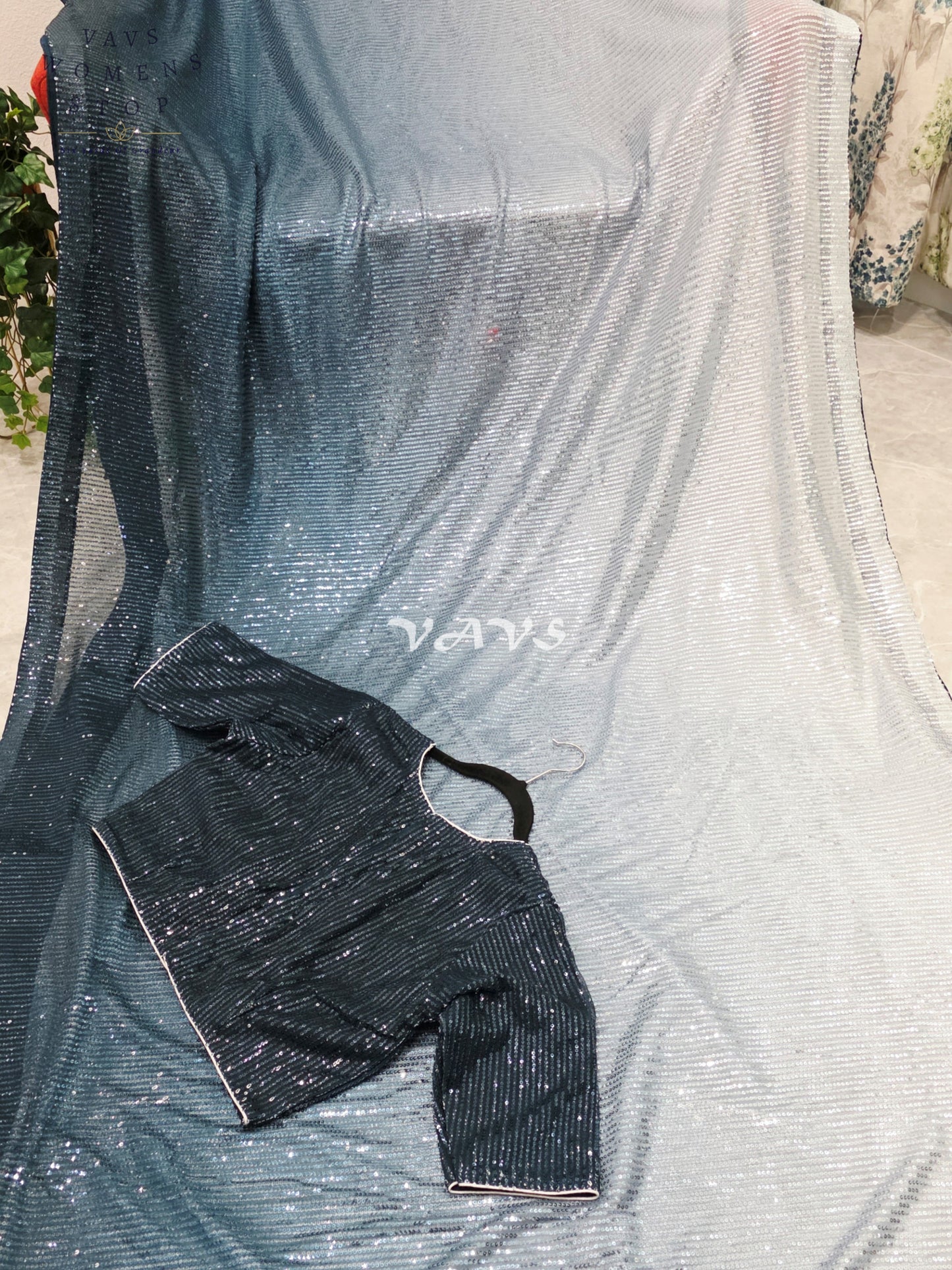 Royal Midnight Peacock Teal Blue & Icy Silver Ombre Net Sequin Saree with Stitched Blouse