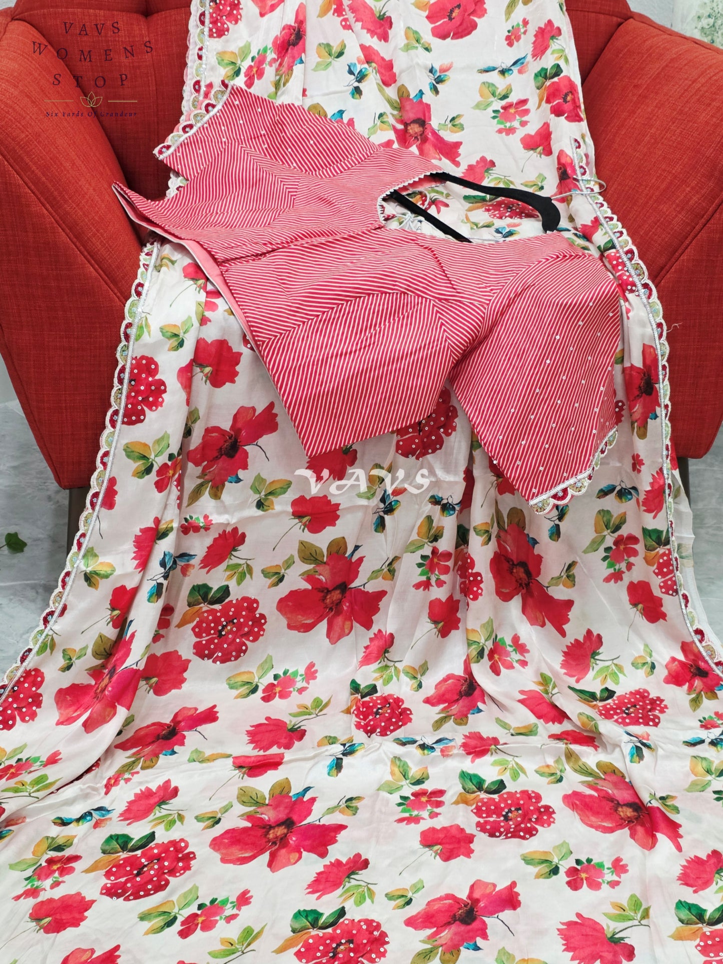 Royal Ivory Blush Pure Crepe Floral Print Saree with Vermilion Rose Red Striped Blouse & Scalloped Lace Border