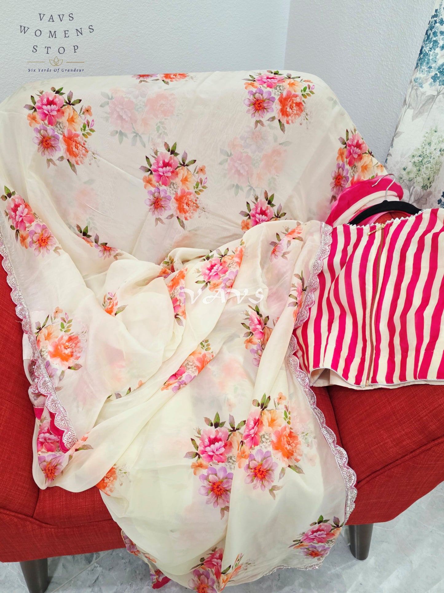 Royal Ivory Cream Pure Crepe Organza Floral Saree with Fuchsia Pink Striped Blouse & Scalloped Lace Border