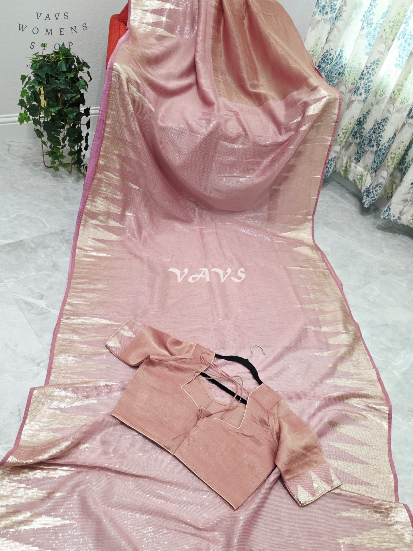 Royal Blush Rose Gold Tissue Saree with Champagne Gold Temple Border, Sequin Embellishments & Stitched Blouse Size 40–46