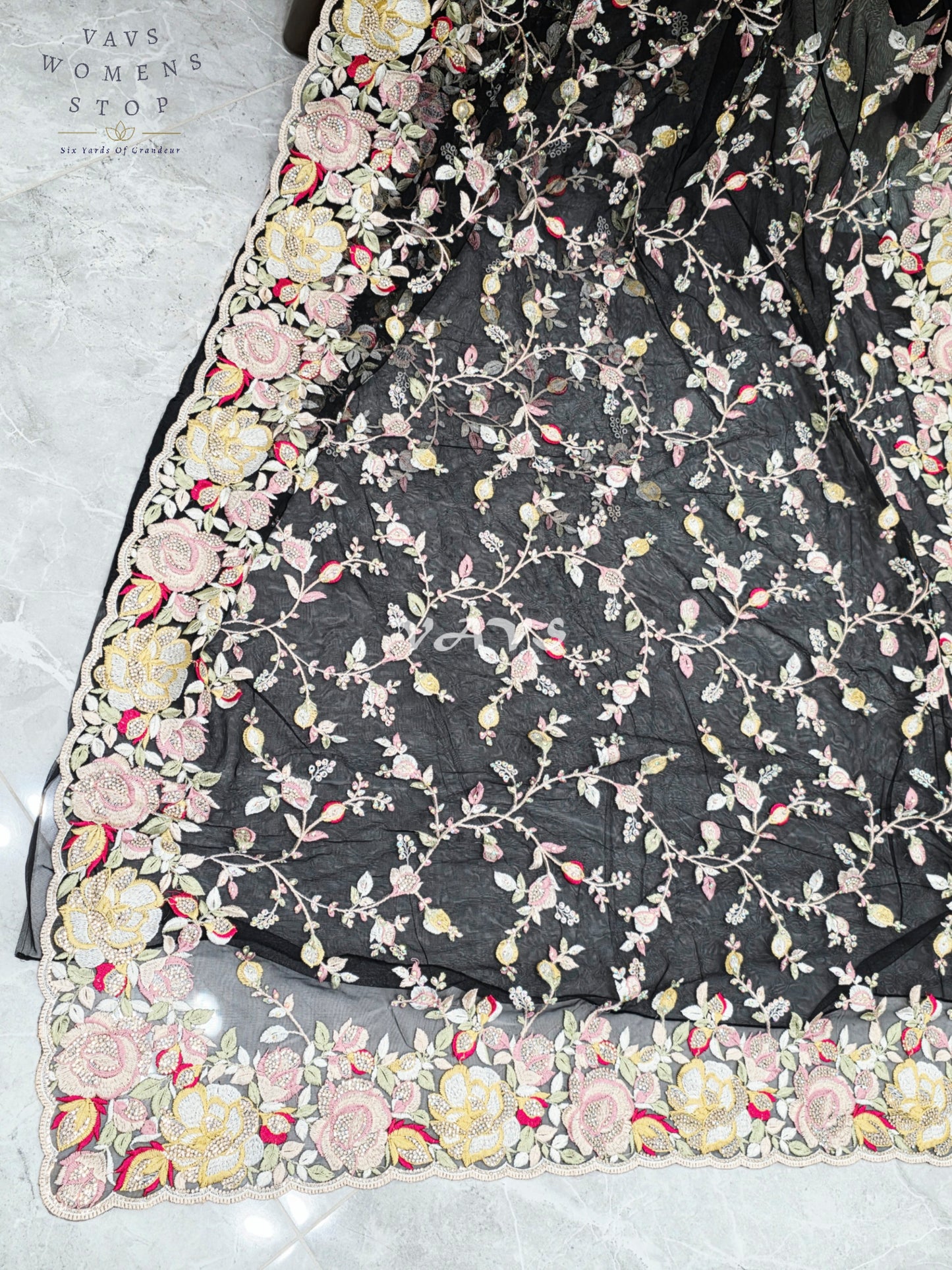 Royal Onyx Black Soft Net Cocktail Saree with Pastel Floral Embroidery, Crystal Stonework & Stitched Blouse