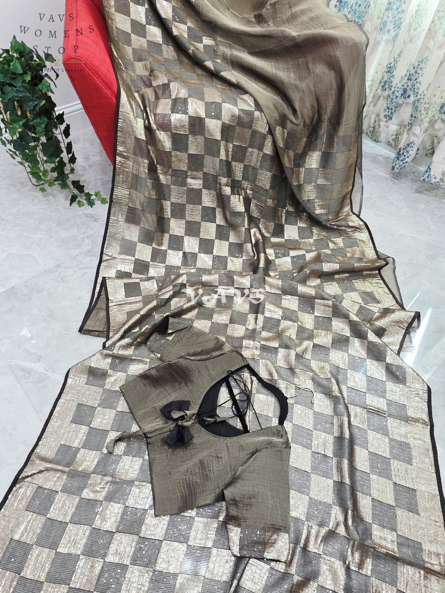 Royal Metallic Black Premium Tissue Checkered Sequins Saree with Designer Stitched Blouse