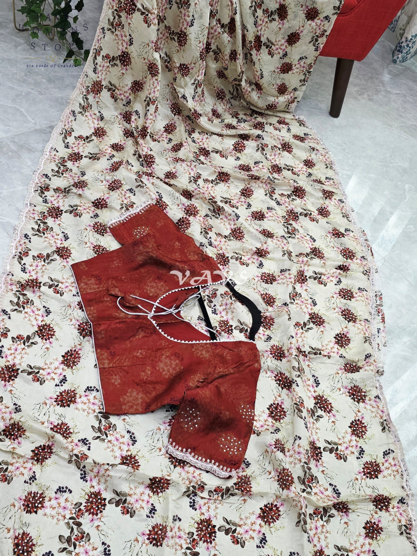 Royal Ivory Sand Pure Crepe Floral Saree with Burnished Rust Stitched Blouse & Scalloped Lace Border