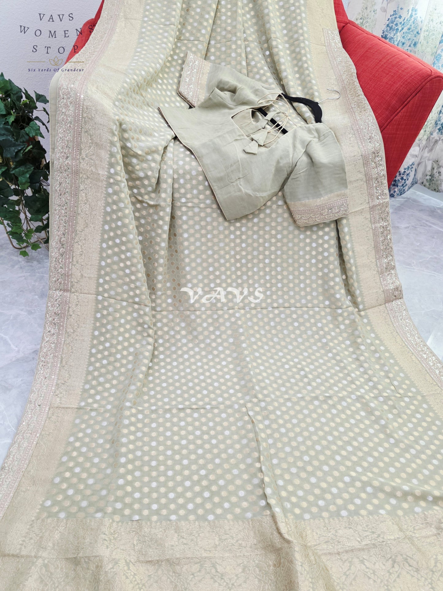 Royal Pistachio Sage Green Viscose Georgette Polka Butta Saree with Embroidered Lace Border & Premium Stitched Blouse Size 38-44