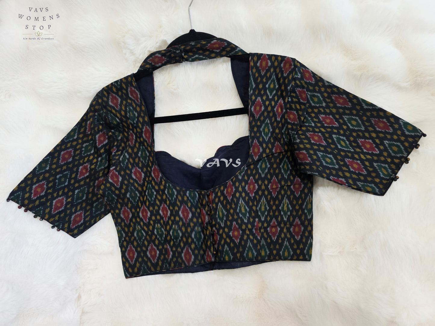 Royal Onyx Black Pure Sico Pochampally Ikkat Designer Stitched Blouse
