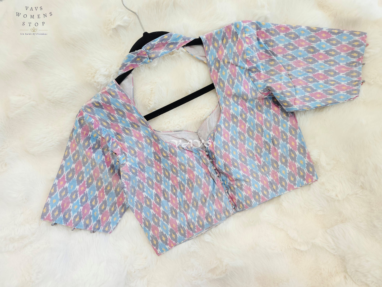 Royal Pastel Sky Blue Pure Sico Ikkat Pochampally Designer Stitched Blouse